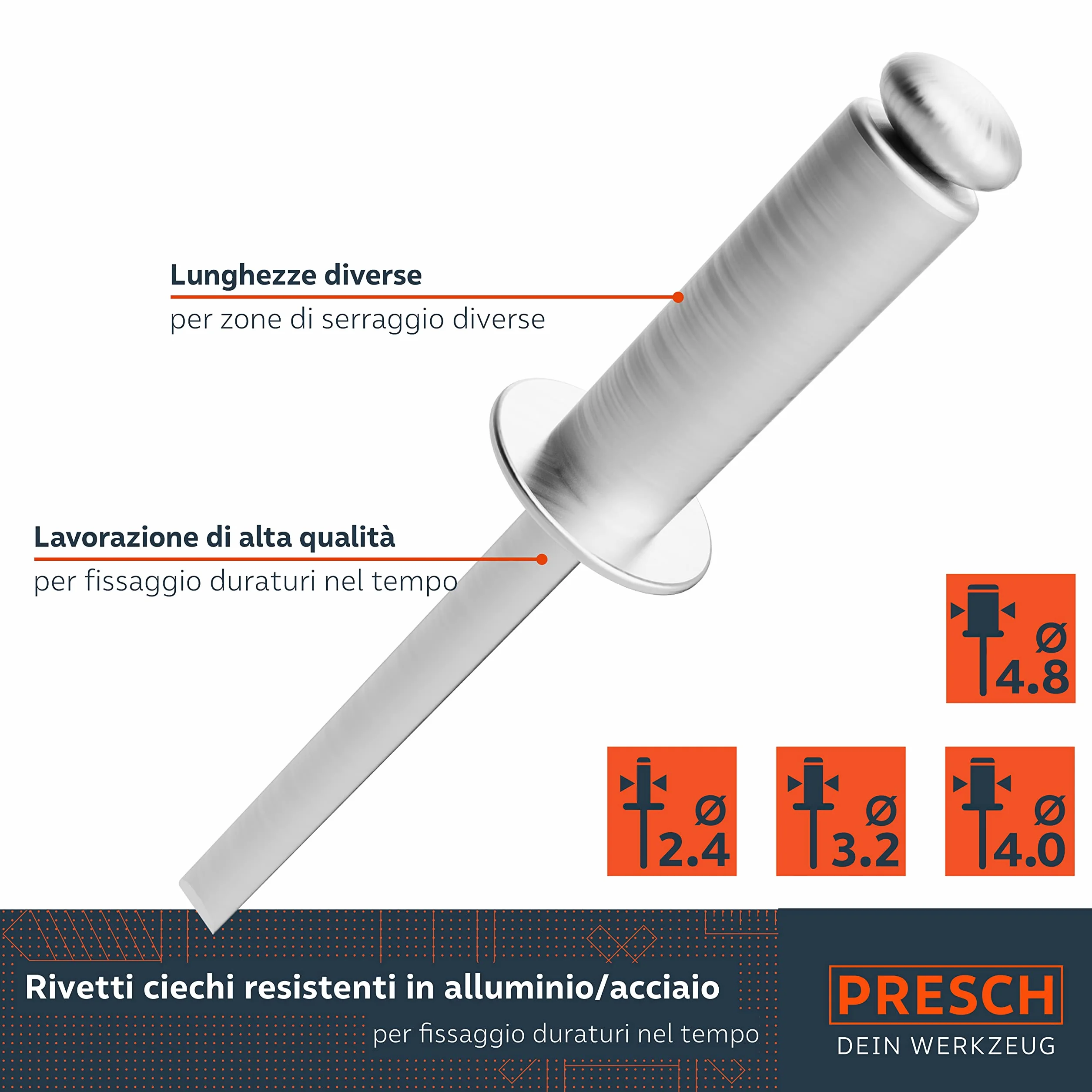 Presch Set rivetti ciechi 408 pezzi - Assortimento rivetti alluminio/acciaio 2,4-4,8mm con punte HSS 2,5-4,9mm