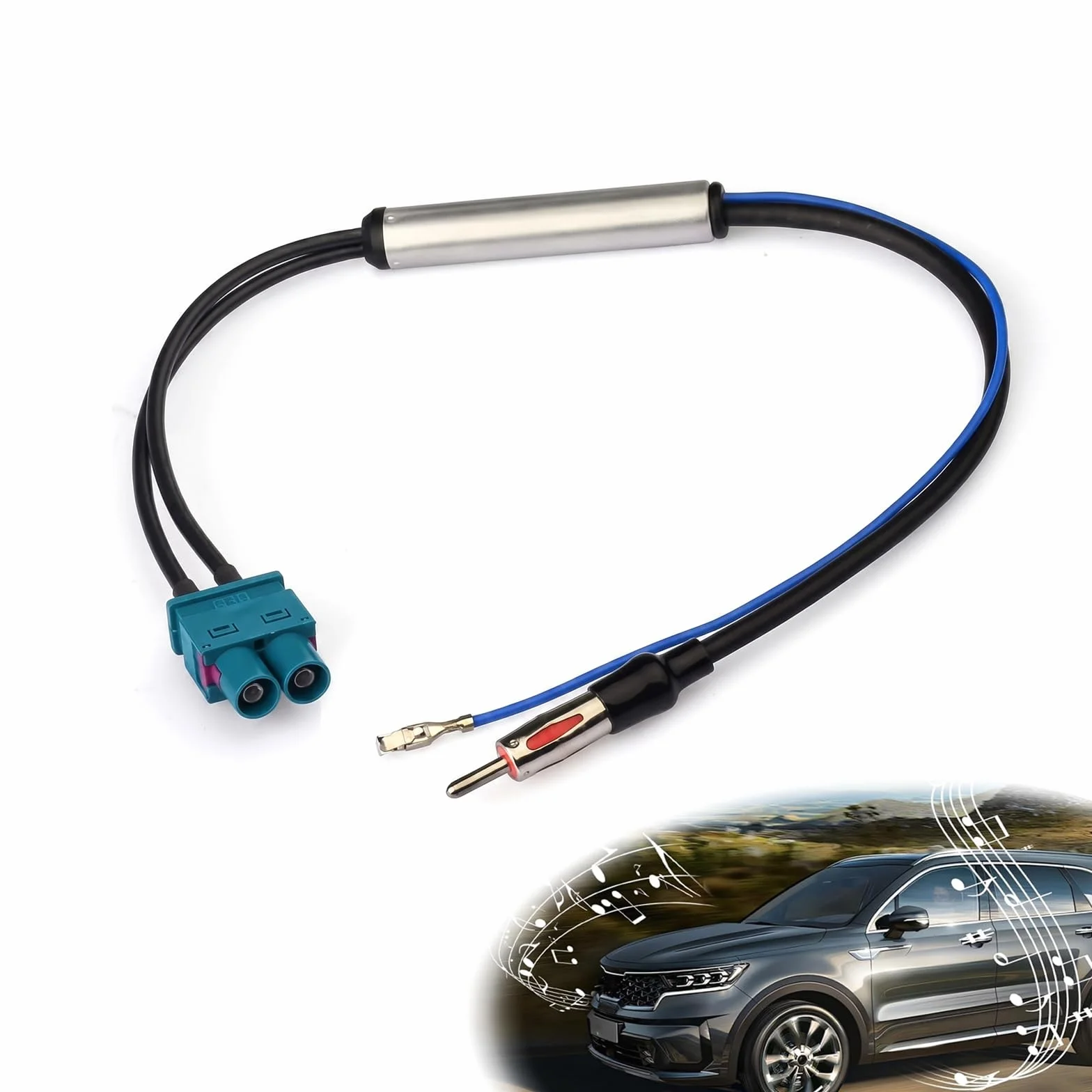 Migliore ricezione radio senza rumore: adattatore doppio Fakra a DIN con amplificatore di segnale per autoradio, alimentazione phantom da 12 V, compatibile con VW, Audi, BMW, Skoda, 30 cm
