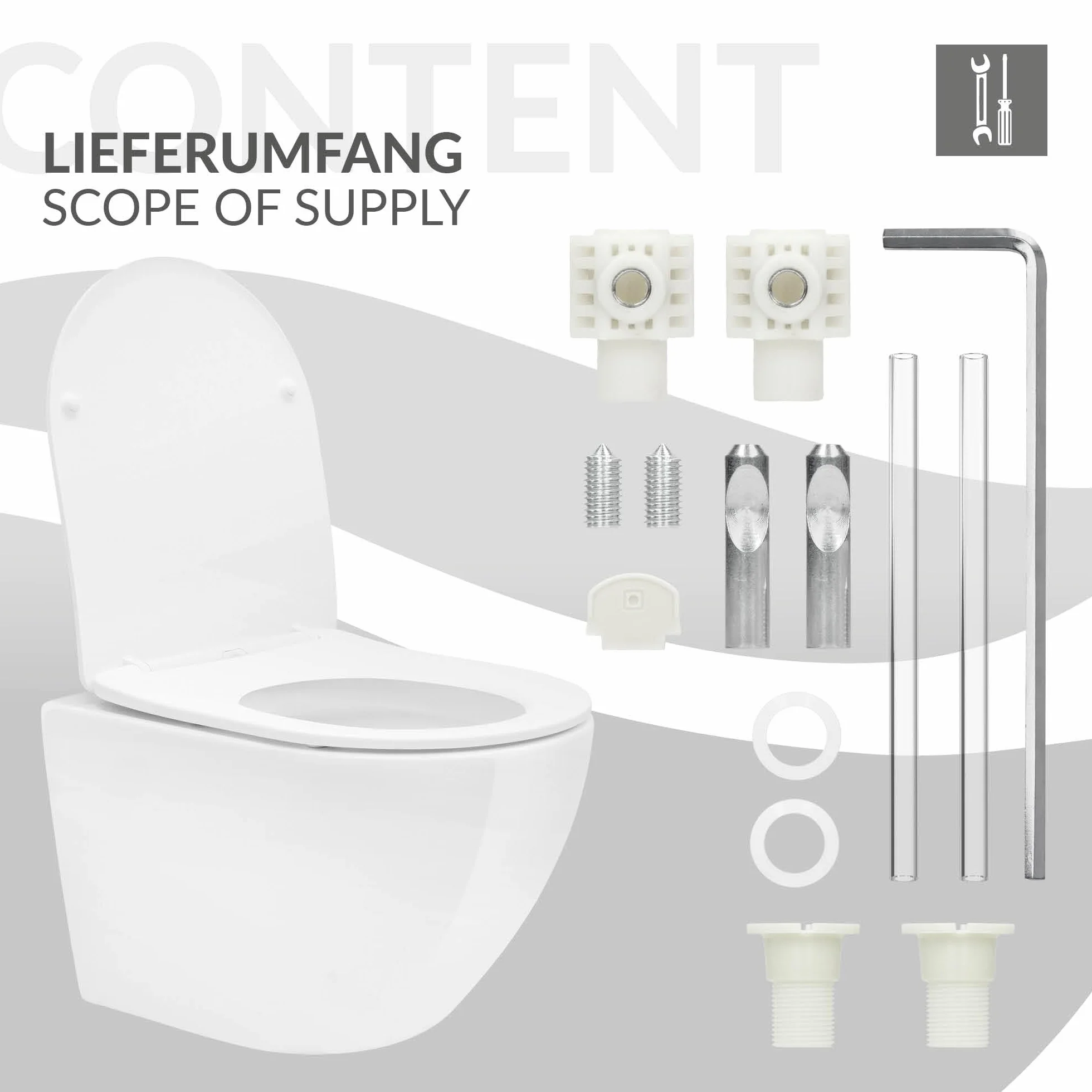 LuxeBath WC Sospeso Senza Bordo Vaso in Ceramica Bianco Corto 49 cm Risciacquo Scarico Tornado con Sedile Softclose