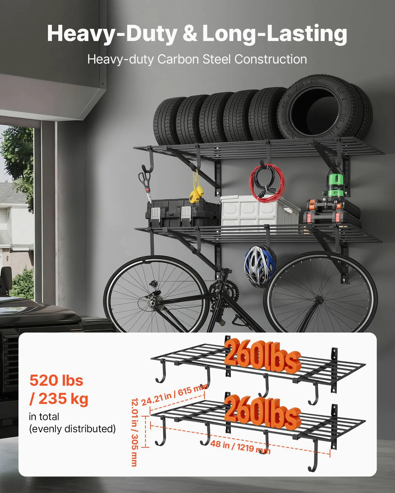 VEVOR Scaffale da Parete per Garage Officina 2 pezzi 122x61,5x30,5 cm, Scaffale Portaoggetti da Muro per Officina Lavanderia con Ganci Carico Singolo 118 kg, Griglia Portaoggetti da Parete, Nero
