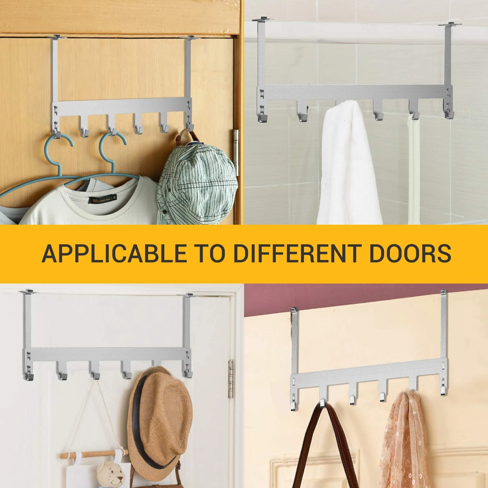 Luxear Appendiabiti da Porta Regolabile con 6 Ganci Attaccapanni Porta in Acciaio Inox MAX20KG per Camera da Letto Asciugamani Doccia Bagno Cucina Ufficio, Porta 1-6 cm
