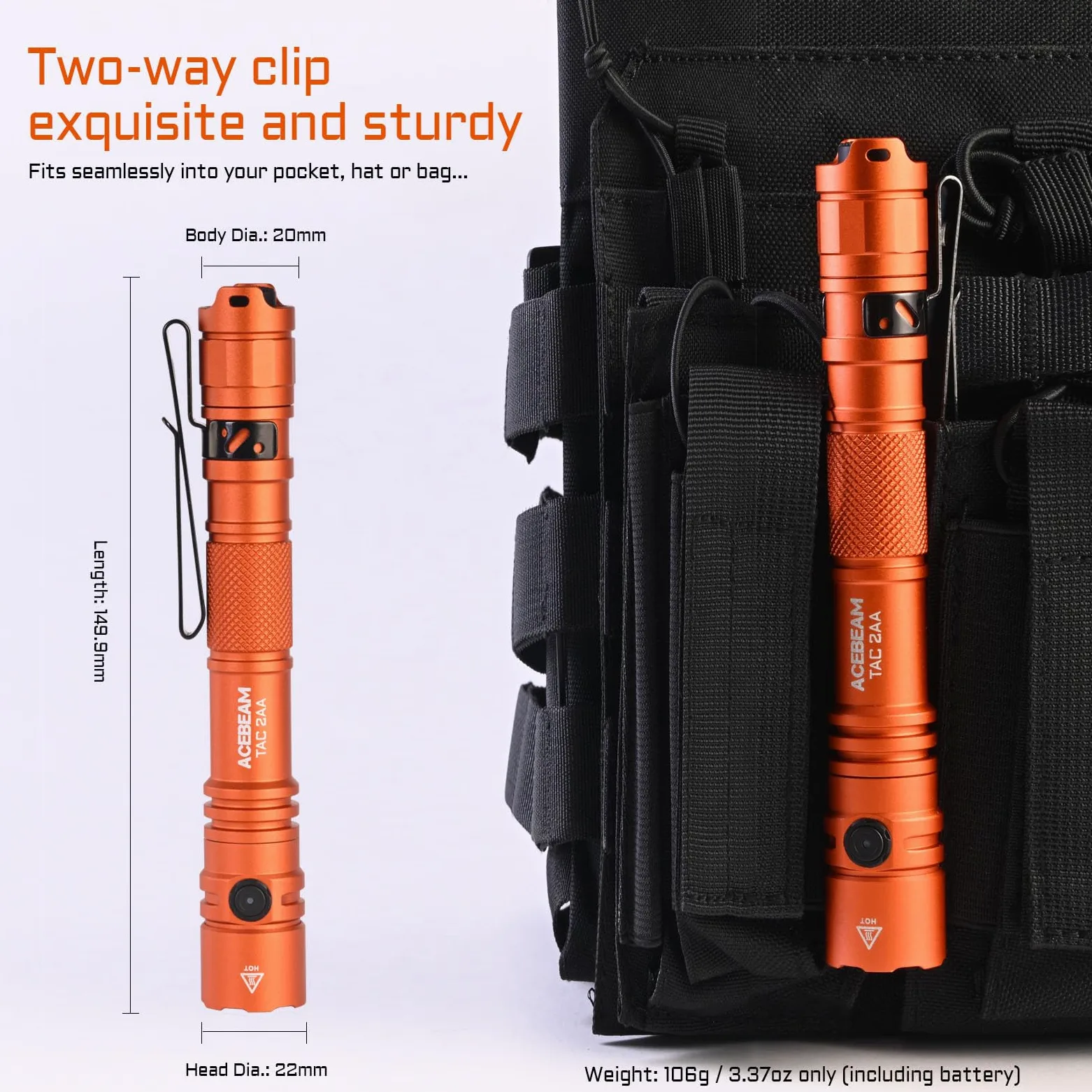 ACEBEAM TAC 2AA EDC Torcia Tattica a Doppia Modalità Ricaricabile, LED Tascabile a Doppio Interruttore, 1600 Lumen, Torcia Super Luminosa per Emergenze, Casa