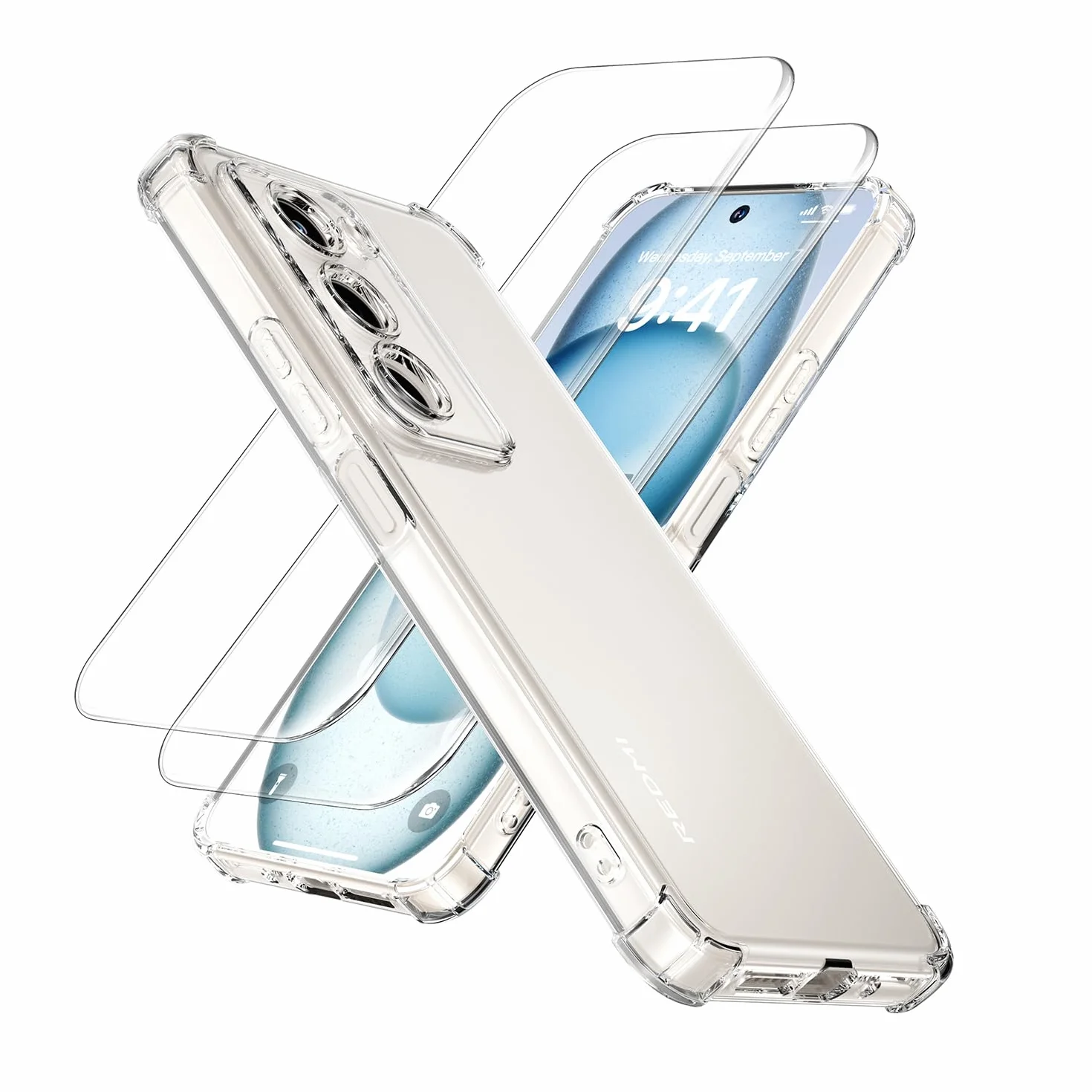 XINYEXIN Custodia per Xiaomi Redmi 15 5G/4G con 2 Pezzi Pellicole Protettive in Vetro Temperato – Trasparente Cover Morbida in TPU con Angoli Airbag, Antiscivolo