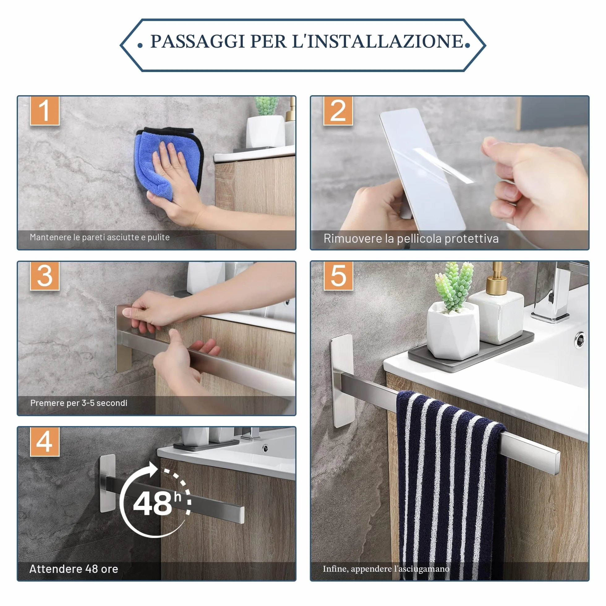 Porta Asciugamani Bagno Adesivo in Acciaio Inox 38 cm Argento Chrome
