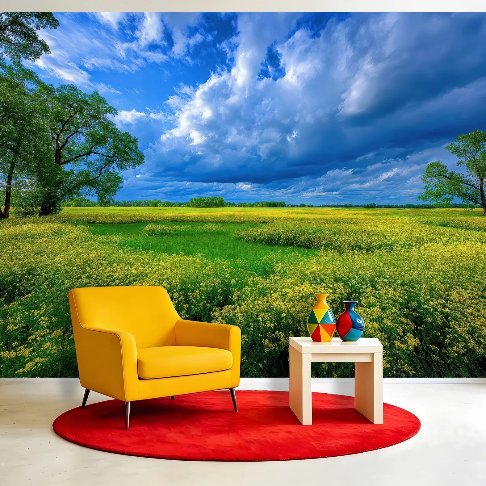 Carta da parati in tessuto non tessuto, 400 x 280 cm, decorazione da parete per sala da pranzo, corridoio, facile da montare, paesaggio, campo di colza, cielo, fiori