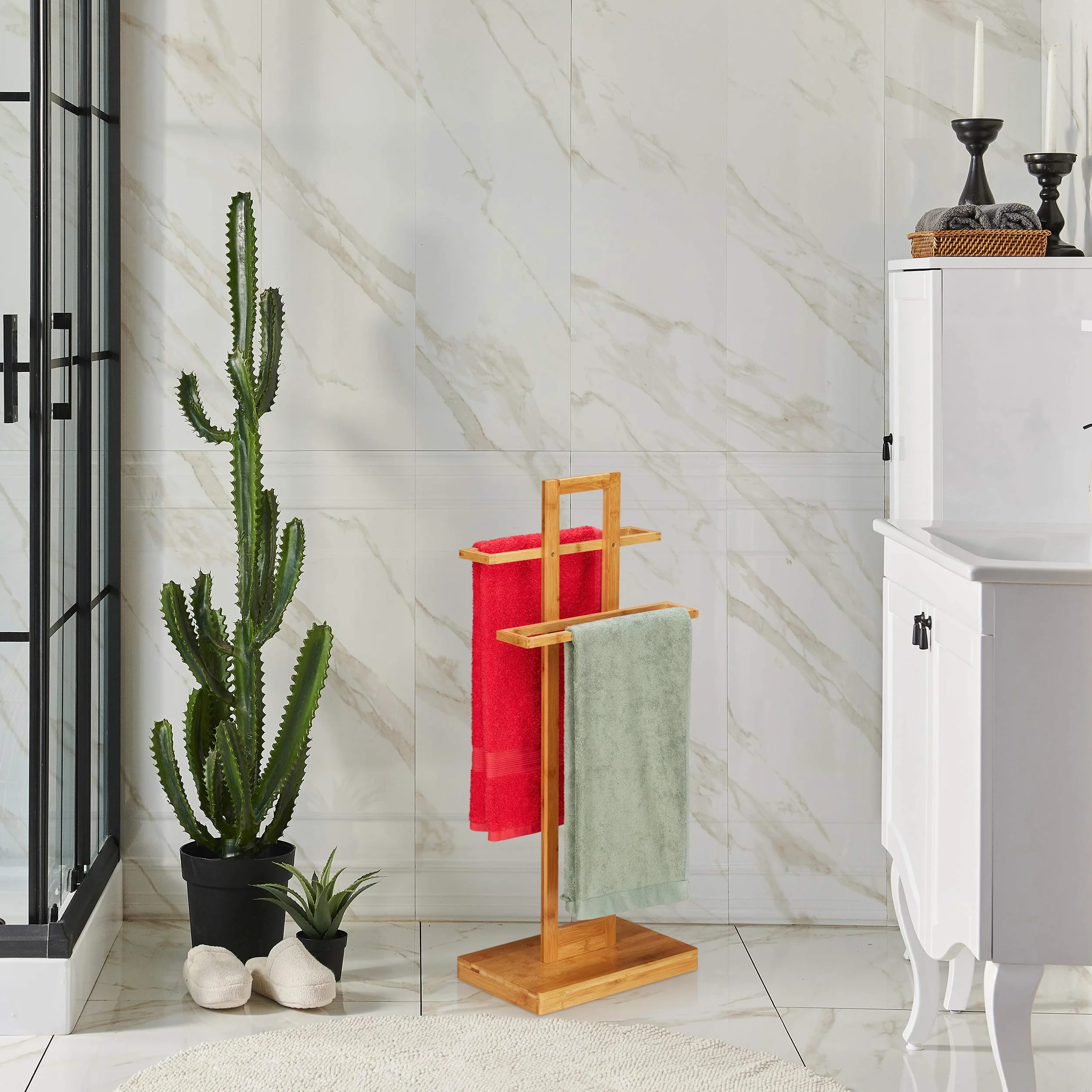 Relaxdays Portasciugamani da Terra Bambù, Arredo Bagno, Design Naturale, 2 Bracci per Asciugamani, Accappatoi, Marrone