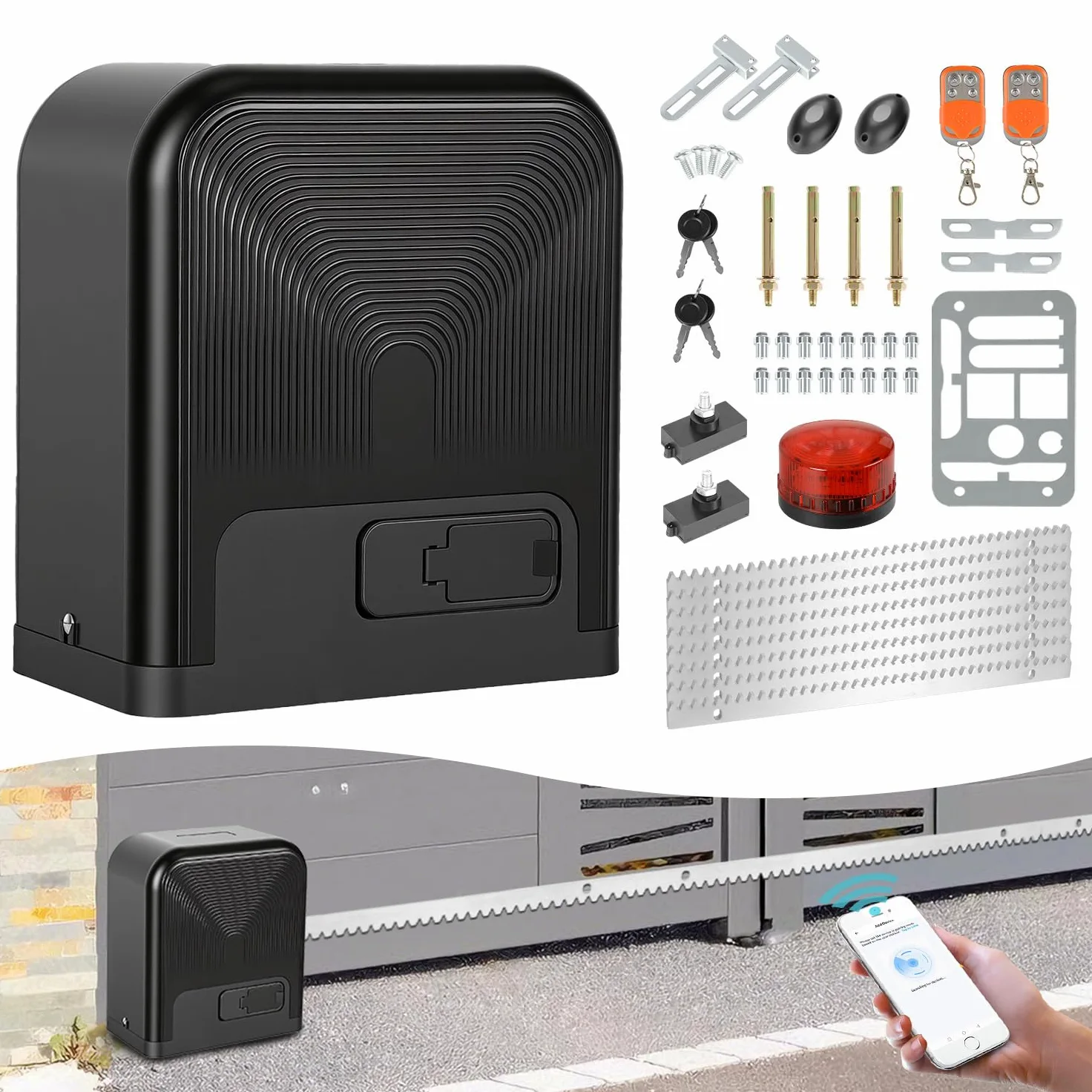 Attuatore scorrevole per cancello scorrevole 370 W 800 kg Smart WiFi azionamento automatico con 2 telecomandi, luce di avviso apriporta, funzione di chiusura automatica