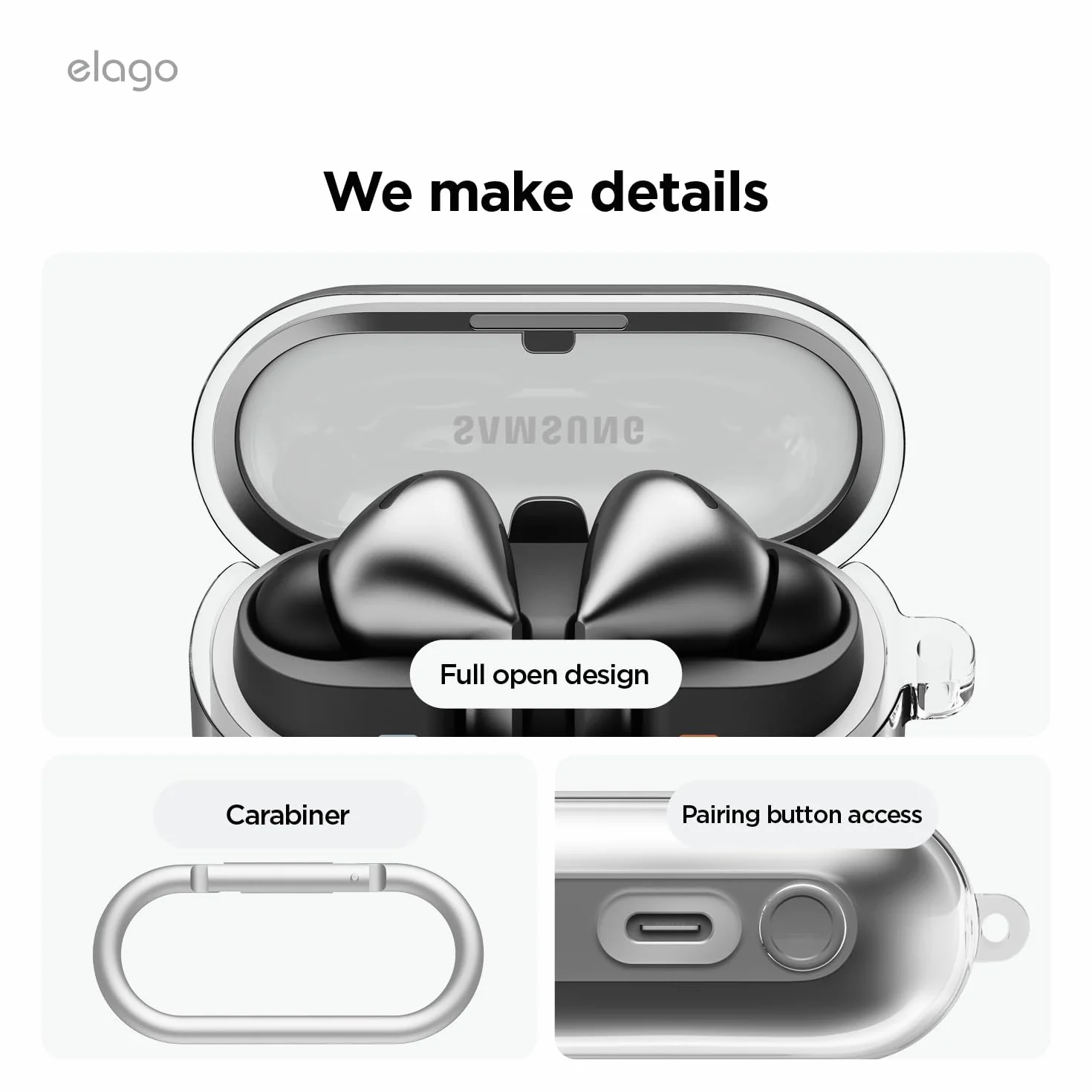 elago Custodia Trasparente per Samsung Galaxy Buds 3 & Buds 3 Pro & Buds FE 3, con Moschettone, Cover in TPU Premium, Ricarica Wireless, Accessori per Cuffie (Trasparente)