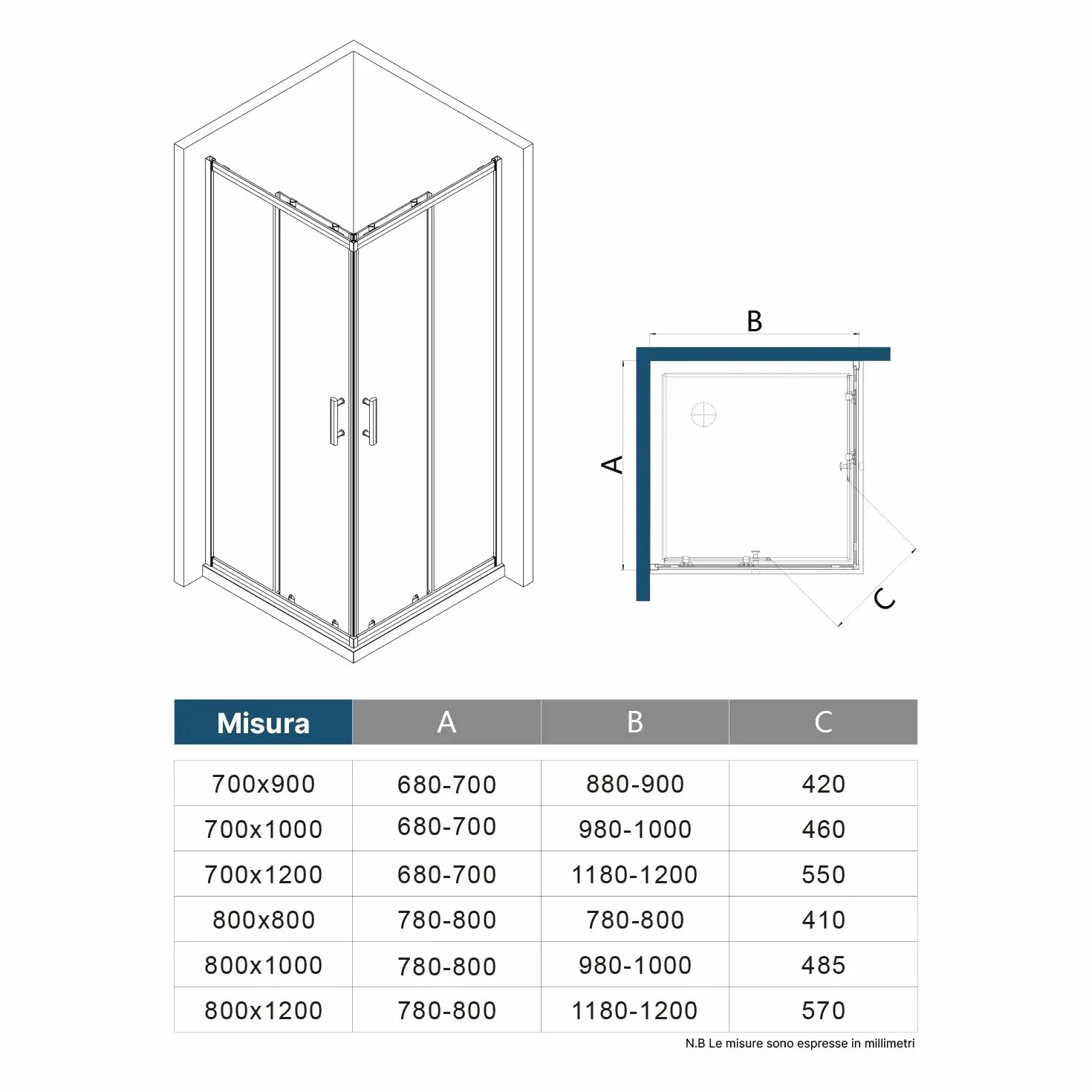 Box doccia angolare scorrevole 70x100 h190 vetro temperato trasparente 6mm anticalcare maniglia inox 304 Tenerife