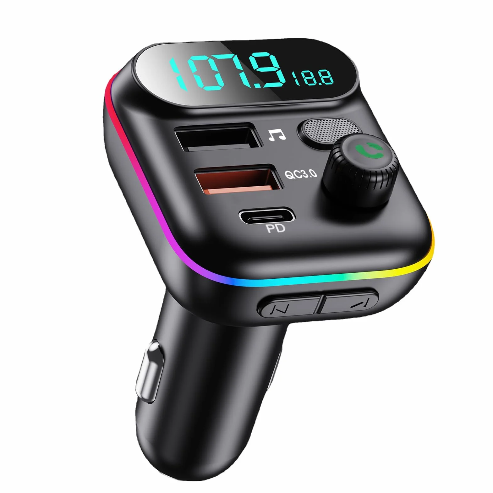 Trasmettitore FM Bluetooth Auto 5.0, Adattatore Bluetooth Audio QC3.0 Ricarica Rapida 2USB y 1PD 18W per Chiamate Vivavoce e Musica, Accendisigari con LED Display, Supporta USB e TF