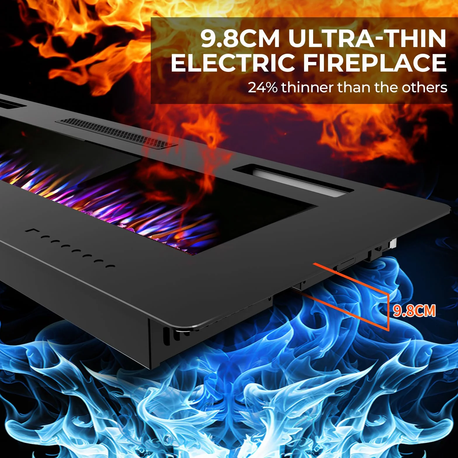 R.W.FLAME Camino Elettrico da Incasso 50 Pollici 127 cm 750/1500W Fiamma Realistica Regolabile Telecomando Riscaldamento Ultra Piatto Lineare