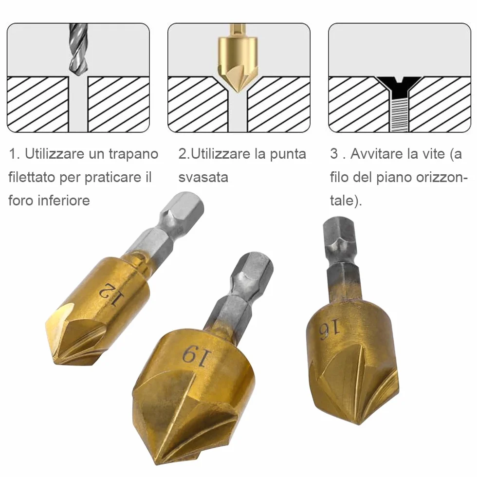Svasatore Conico HSS Titanio Rivestito Codolo Esagonale Alesatore Fori 6-19 mm 6 Pezzi