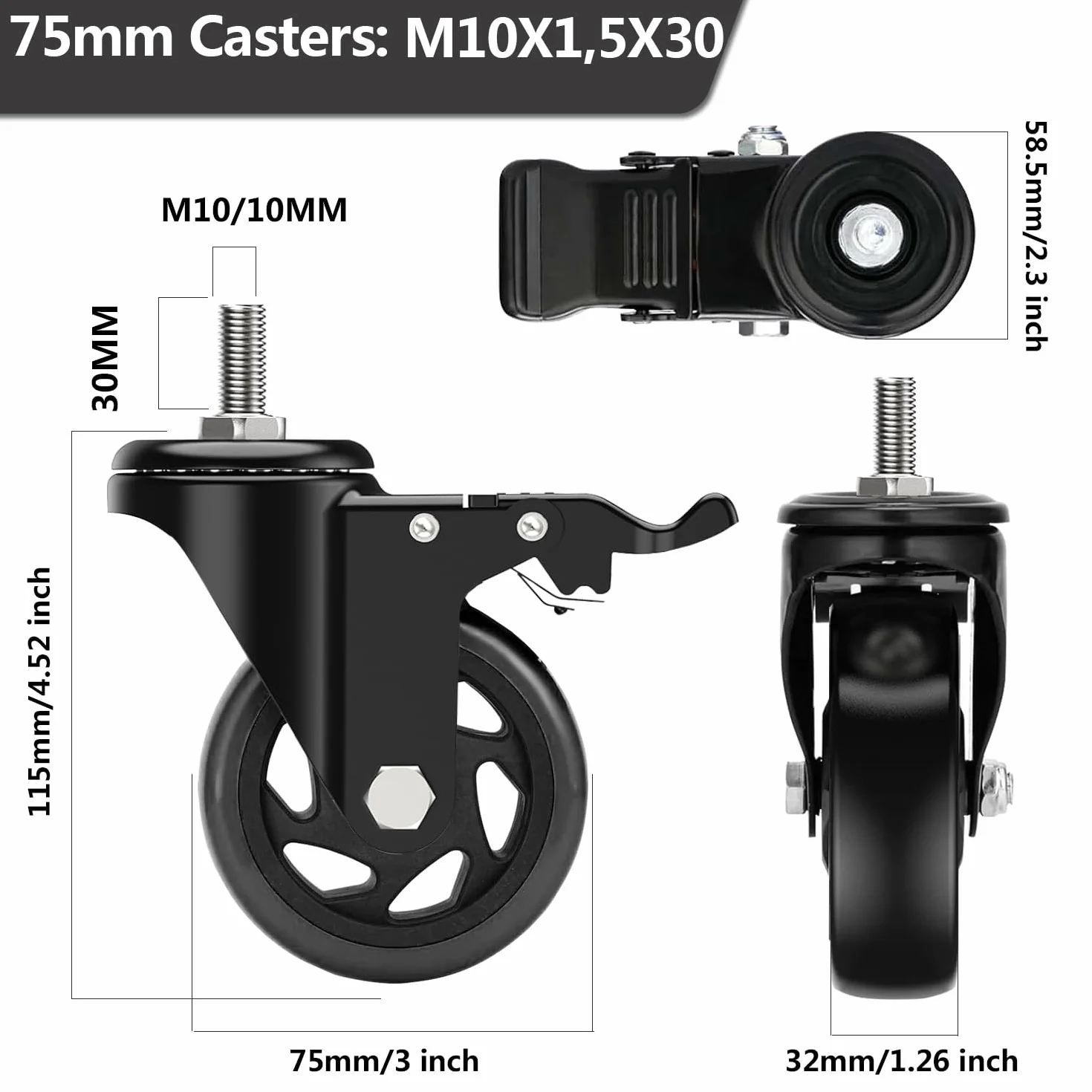per carichi pesanti 75MM ruote per carrelli con Freno, ruote per mobili con M10x1.5x30mm Vite Perno, Bino Cuscinetto Perno Ruote Girevole Ruote per Mobili, set da 4 PU Carrello Ruote su a 400kg