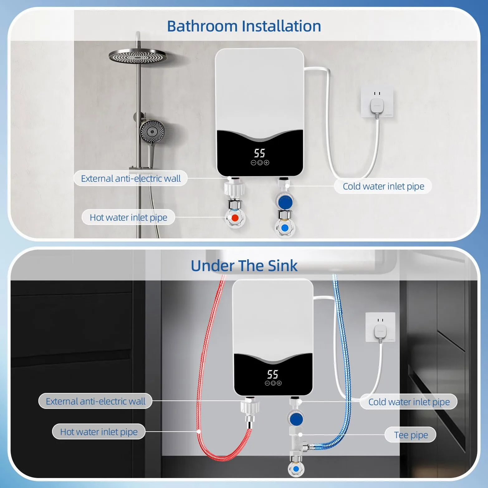 Scaldacqua istantanea, 5500 W, 220 V, scaldabagno elettrico senza serbatoio con LED, scaldabagno controllato elettronicamente per doccia, bagno, cucina [classe energetica A]
