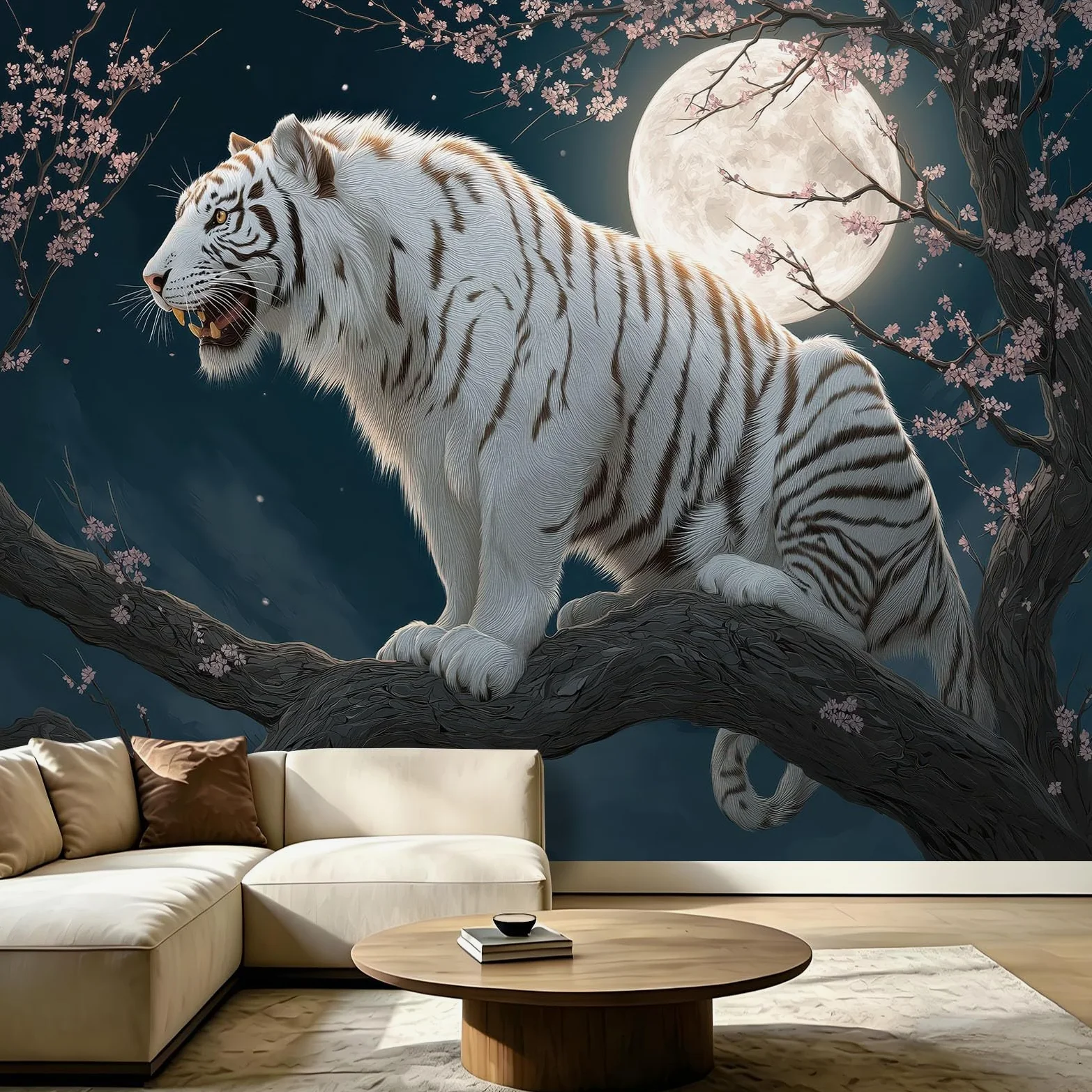Carta da parati panoramica in tessuto non tessuto, fantasia animali, 350 x 256 cm, decorazione per soggiorno e camera da letto, effetto 3D, luna piena, fiori rami cielo notturno