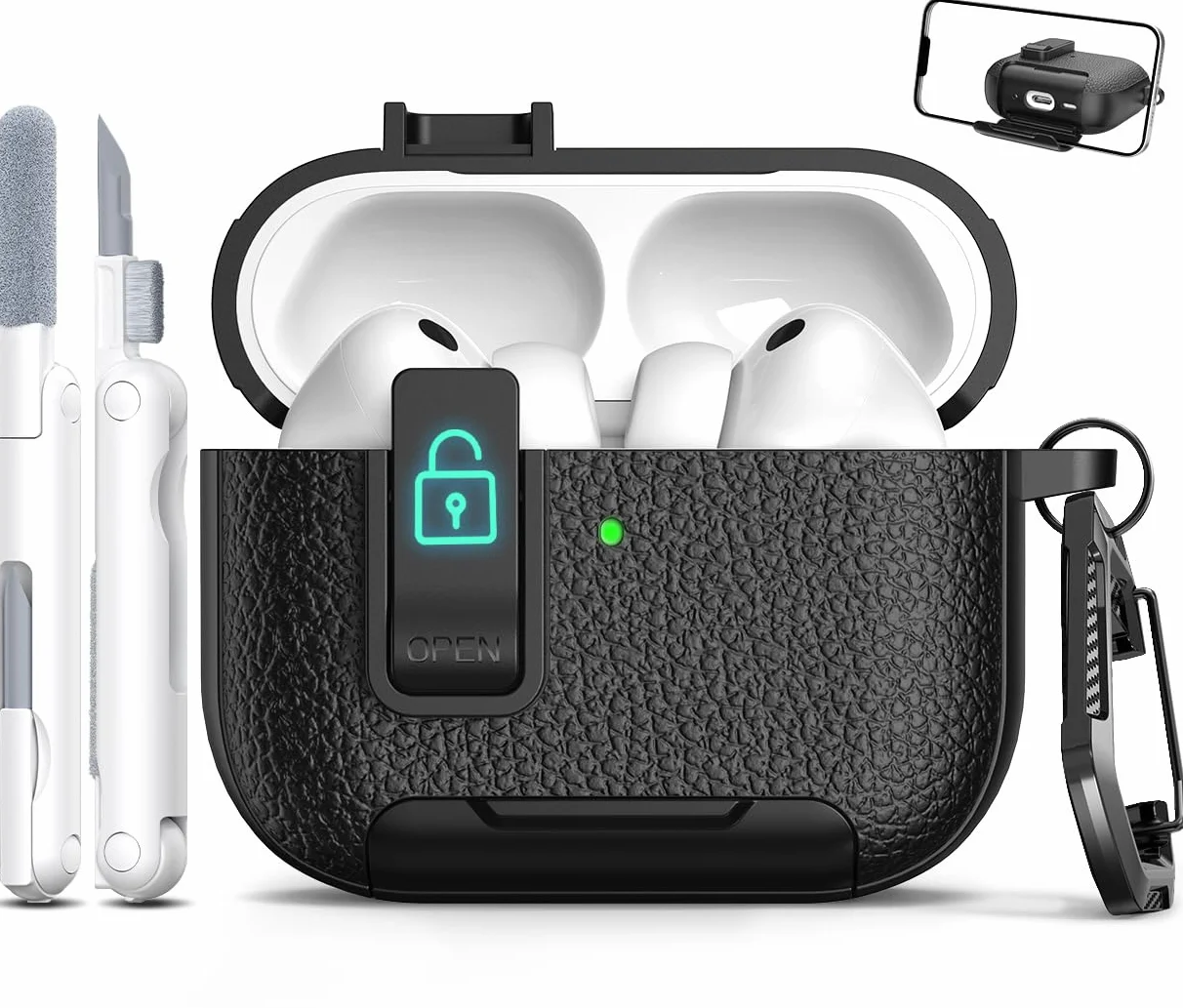 Compatibile con AirPods Pro 3a generazione Custodia con chiusura, Materiale TPU con Texture in pelle, Porta di ricarica antipolvere e funzione di supporto per Airpods Pro 3 Custodia, Nero