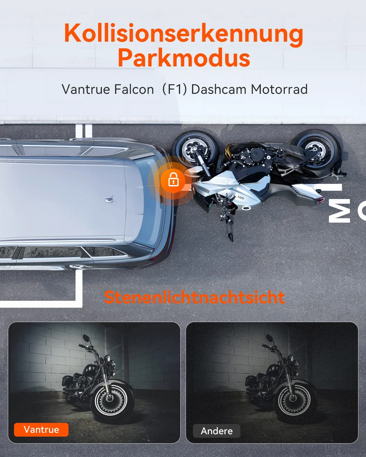 VANTRUE F1 4K+1080P Telecamera Moto Impermeabile IP67, 5GHz WiFi GPS Dash Cam Moto, Avvisi Vocali, 24H Rilevamento Collisione，Statistiche Chilometriche，WDR & HDR & APP, 300° Max 512G