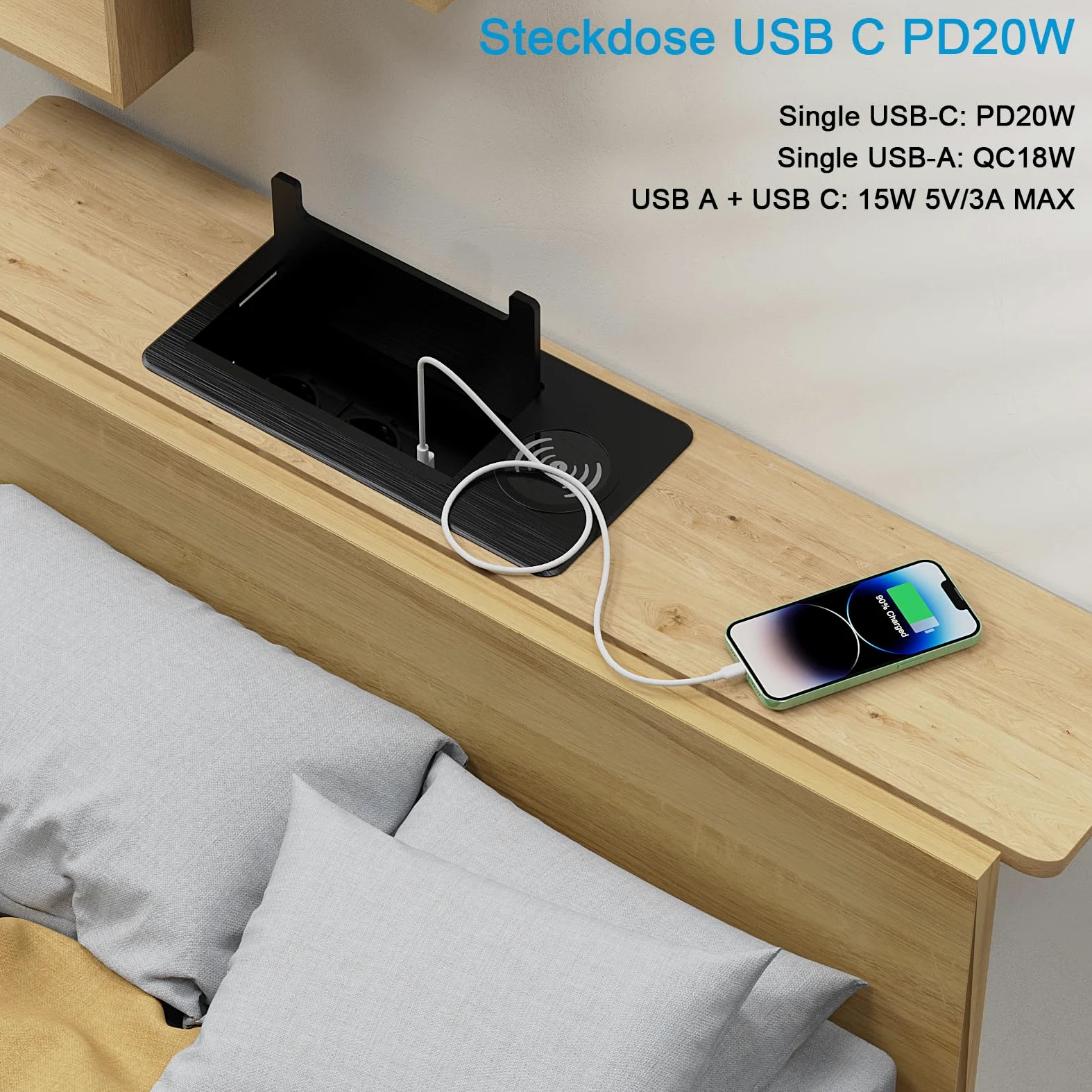 Ciabatta elettrica a scomparsa a 2 prese con 2 USB-C PD 20 W e 1 USB-A, presa da incasso in alluminio con cavo da 2 m, colore nero