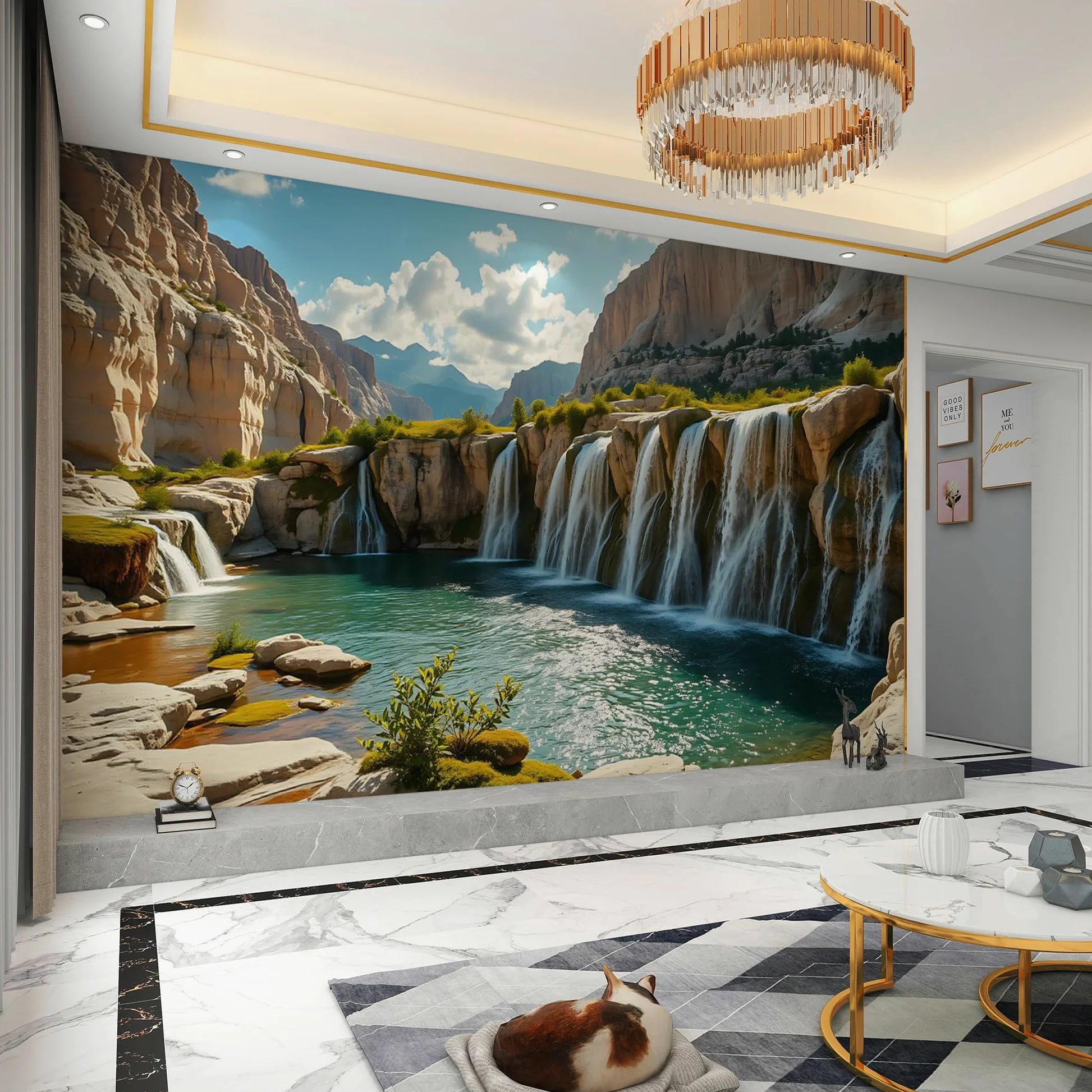 Carta da parati effetto 3D Cascata Montagna 300 x 210 cm Murale Non Tessuto Natura Paesaggio Fotomurale Stampa HD Moderna Poster Per Soggiorno E Camera Da Letto Design 2M1844
