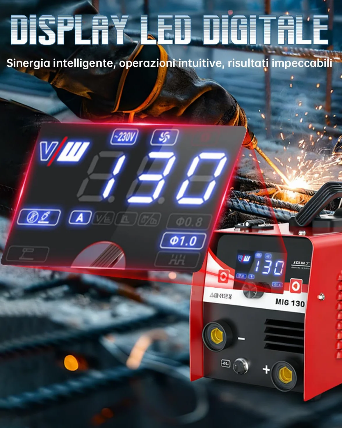 VECTOR WELDING MIG 130A Saldatrice a Filo Continuo No Gas 3 in 1 Inverter IGBT con Maschera Auto-Oscurante