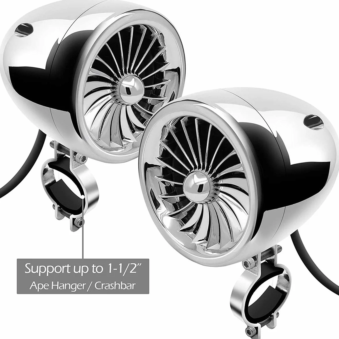 1000W Amplificatore per moto a 4 canali 4 "Altoparlanti stereo Bluetooth per moto impermeabili a gamma completa Sistema audio Radio FM per 1-1,5" Manubrio ATV UTV (Cromo, Ventola)