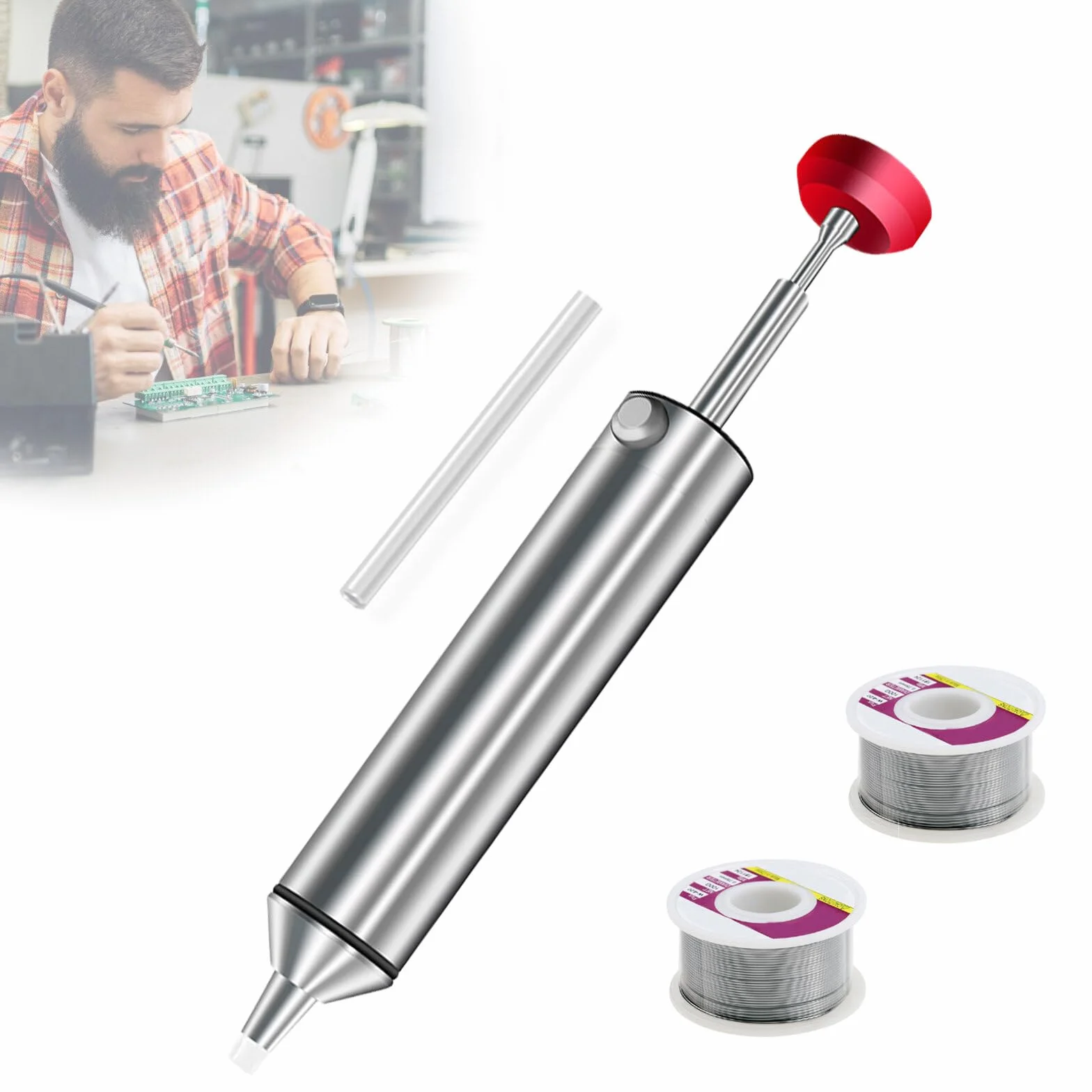 Pompa dissaldante con 2 ugelli in silicone e 12 tubi dissaldanti 2,5 mm 1,5 m alloggiamento in alluminio