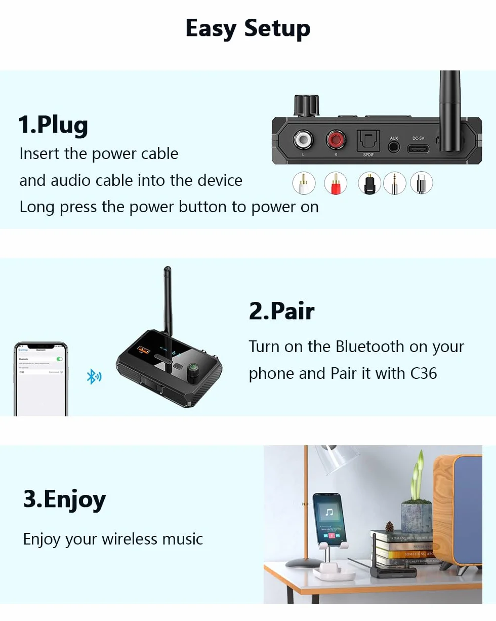 Bluetooth 5.3 Receiver for Home Stereo, Optical Low Latency & HD Music Audio Bluetooth to RCA Adapter Speakers/Wired Speakers/Home Audio Music Streaming Stereo System, Support AUX/USB