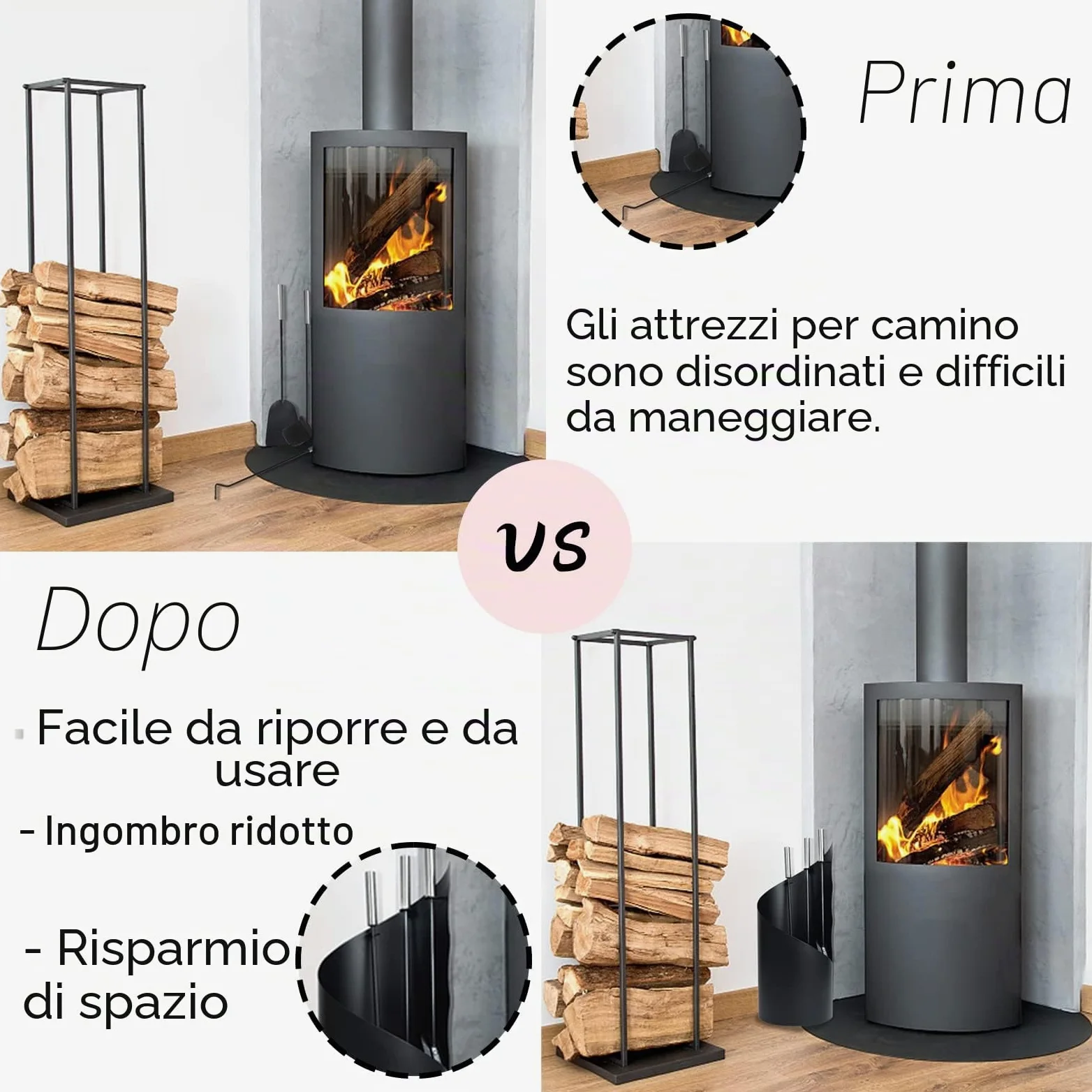 YRHome Set di 4 attrezzi per camino in acciaio inossidabile, set per camino, accessori per camino con attizzatoio, paletta per camino, paletta per cenere, supporto in acciaio con manici in acciaio