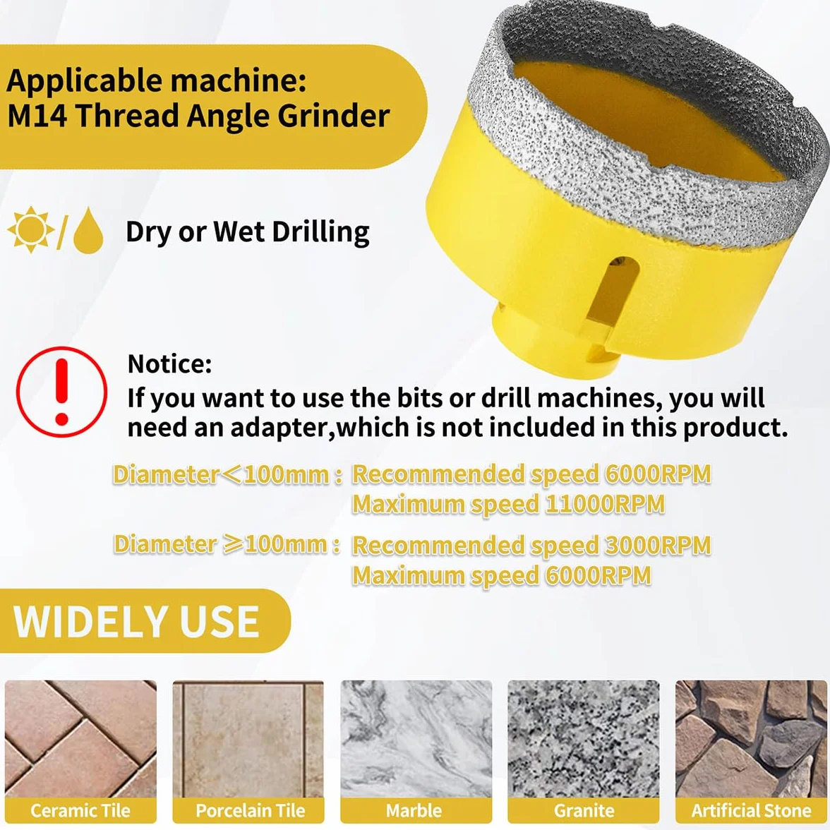 Punta per Trapano Diamantata 85mm M14 Filetto Vacuum Brasato Sega a Tazza per Piastrelle Porcellana Marmo Ceramica Granito