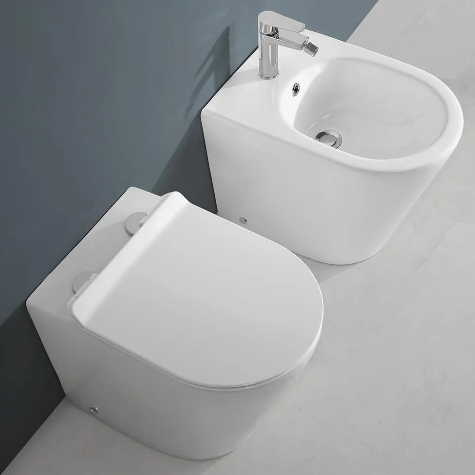 Coppia Sanitari Filomuro Serie Ukra WC E Bidet Ceramica Bianco Rimless Soft-Close