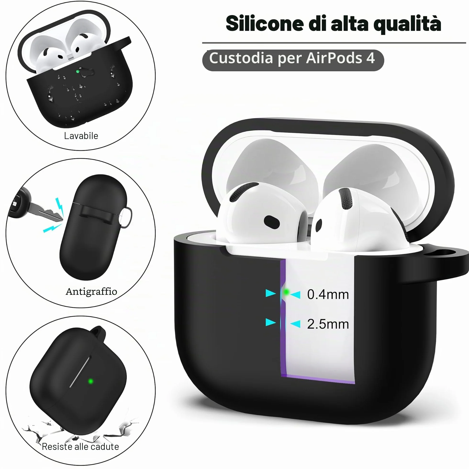 R-fun Custodia per Airpods 4, custodia morbida in silicone con portachiavi, copertura protettiva completa compatibile con Airpods 4th di Apple, Nero