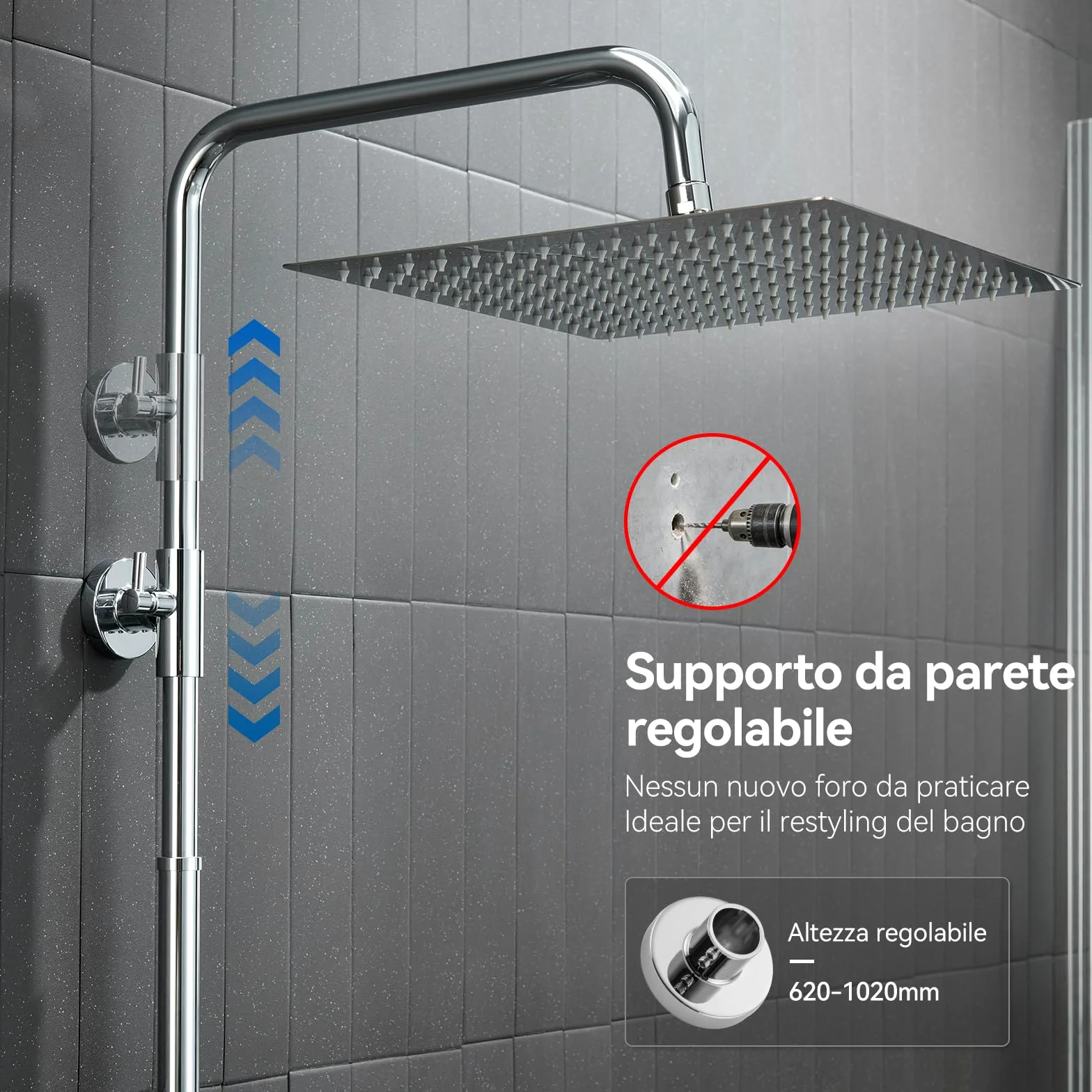 Auralum Colonna Doccia senza Miscelatore, Colonna Doccia Acciaio Inox con Saliscendi Doccia Altezza Regolabile 72-110cm, Asta Doccia con Soffione e Doccetta, Doccia Soffione con Doccetta Cromo 25x25cm