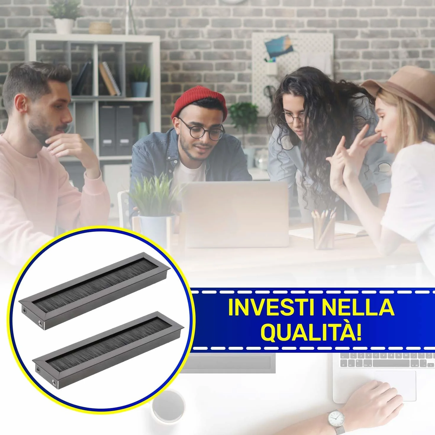 MONTERAL 2 Pezzi Passacavo per Scrivania 180 x 51 mm H19 mm Colore Nero - Tappi Passacavi Scrivania con Spazzola - Garanzia di 10 Anni