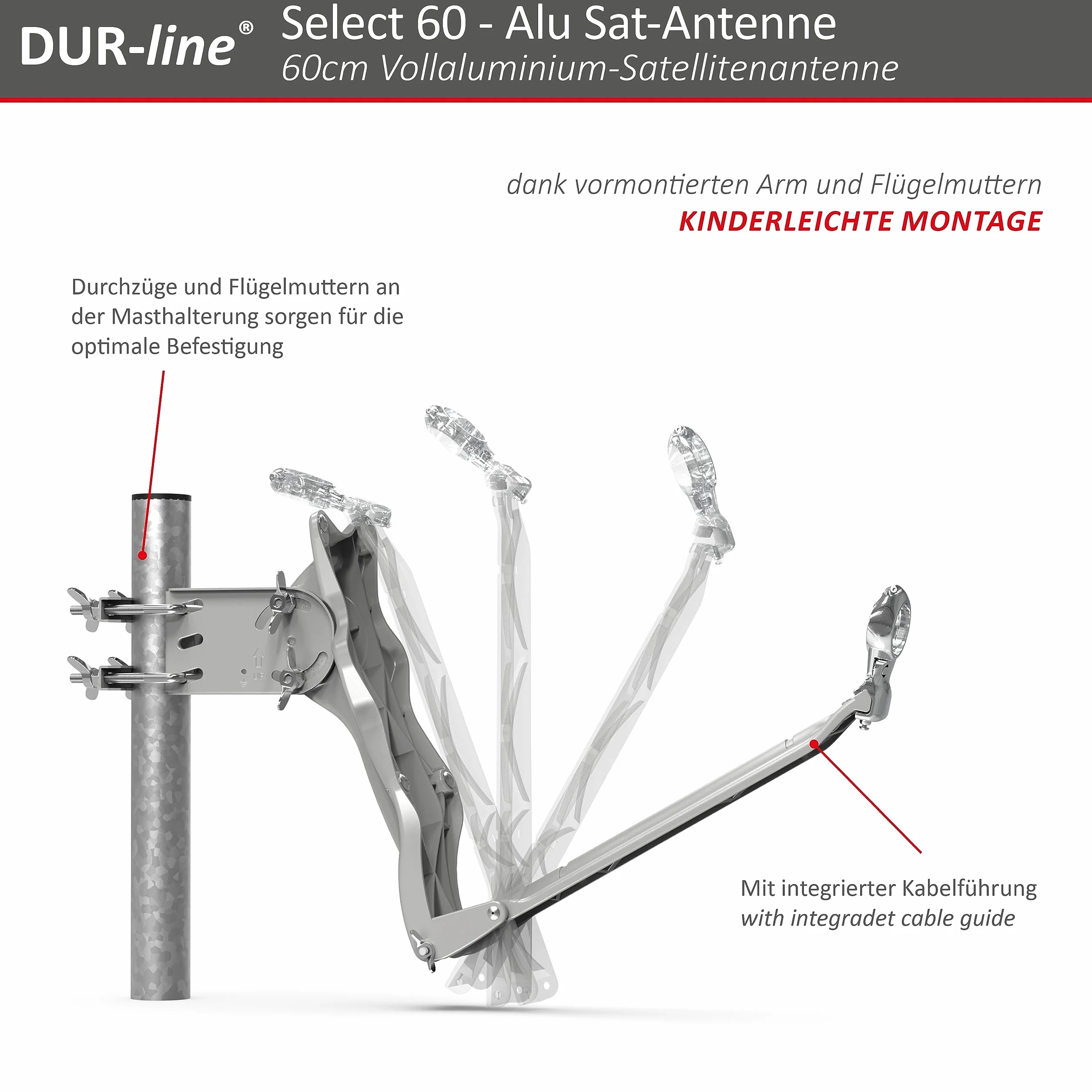 DUR-line Set da 4 partecipanti – Impianto satellitare in alluminio di alta qualità – Select 60 cm/65 cm specchio/ciotola antracite + Quad LNB – per 4 ricevitori/TV [Tecnologia all'avanguardia, DVB-S2,