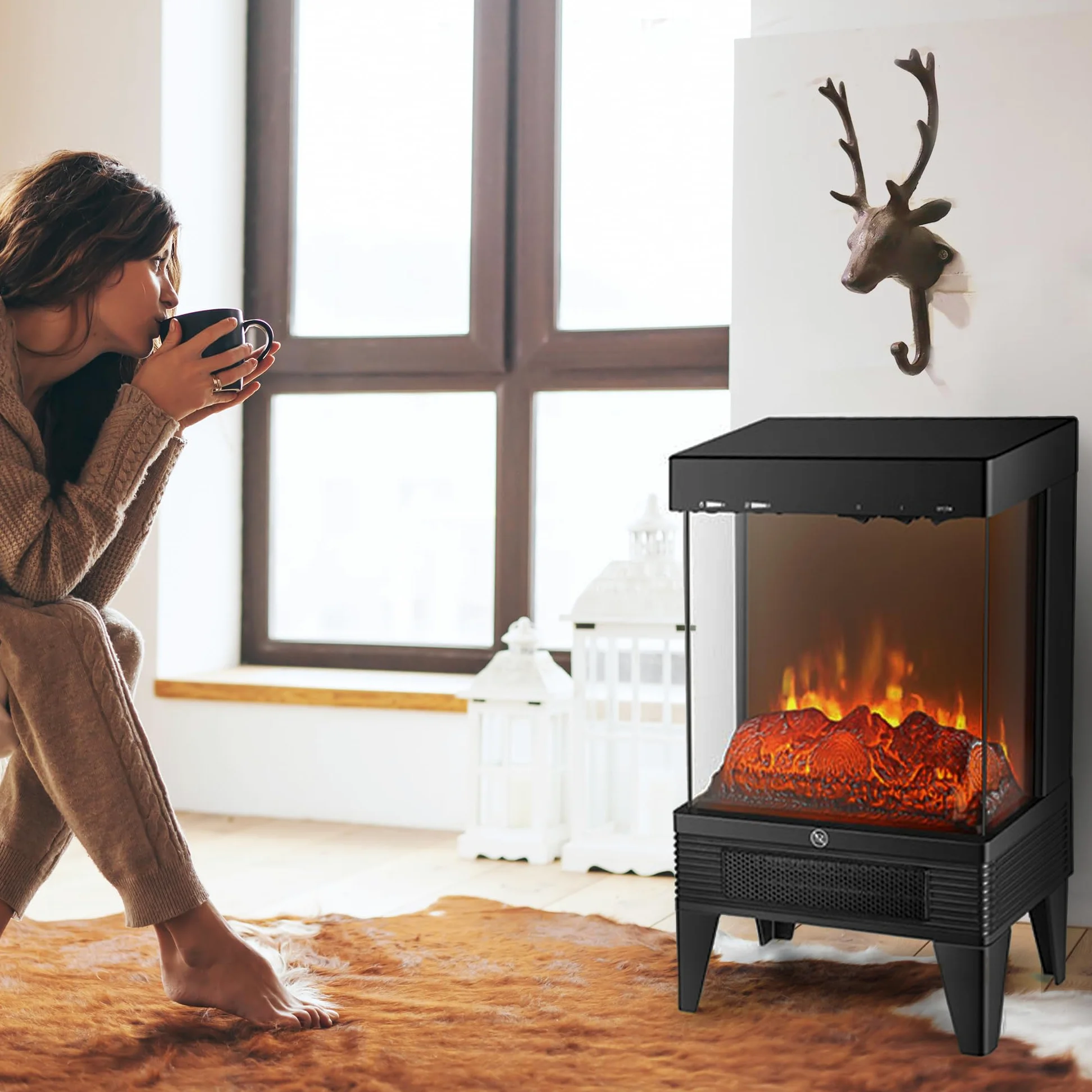 Zephir, Caminetto elettrico,2 livelli di potenza 1000/2000W, Protezione anti surriscaldamento, Termostato regolabile, Effetto fiamma accesa indipendente, Timer 12h, Telecomando