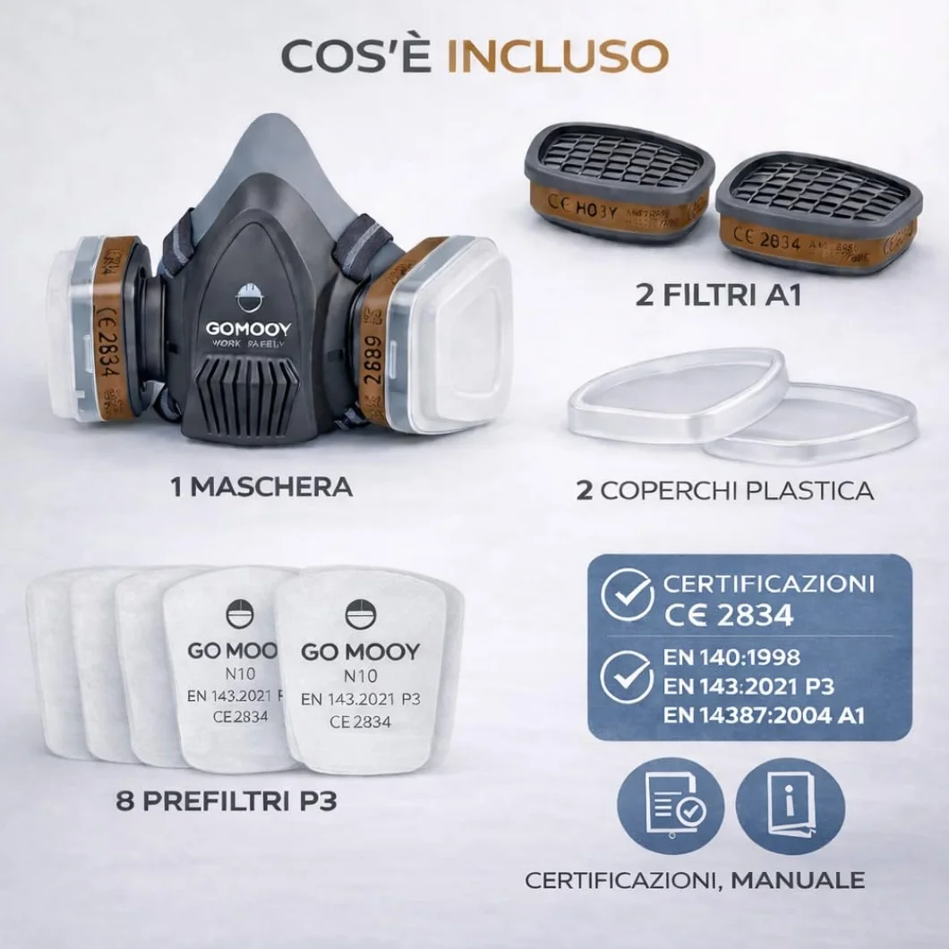 Goomoy Maschera Antigas Riutilizzabile con Doppio Filtro ai Carboni Attivi 8 Filtri Ricambio CE EN 140