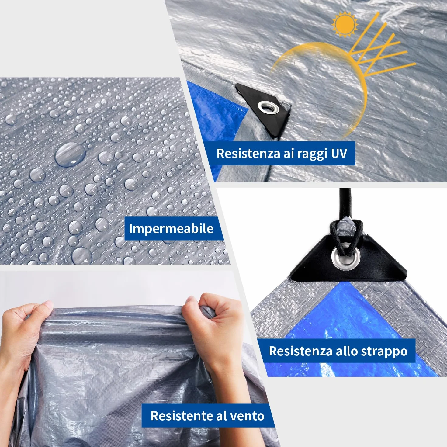 Telone Occhiellato Leggero Argento/Blu Antistrappo Impermeabile Antivento e Resistente ai Raggi UV per Auto,Camion,RV,Casa,Tenda,Barca,Piscina Telo 65g/m² （3x5）