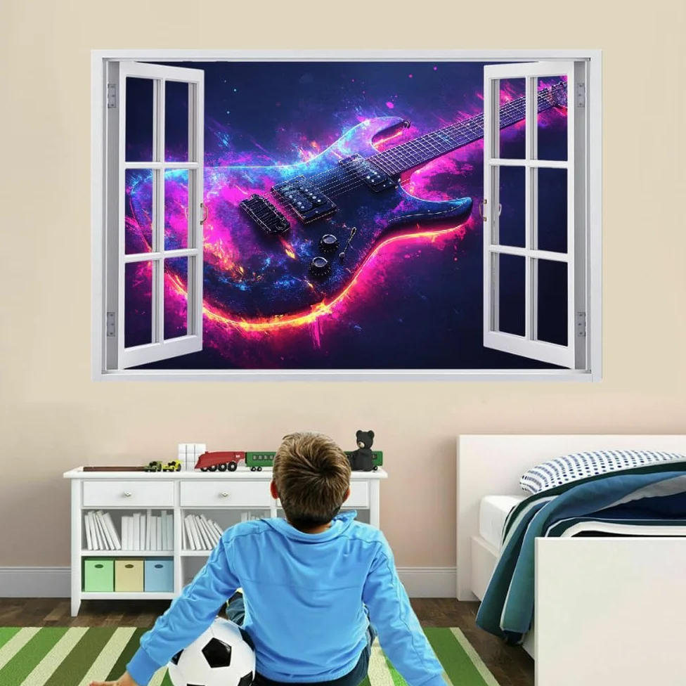 Decalcomanie da muro Art 3D Fracassato Chitarra Adesivi murali removibili Arte Astratta Carta da parati Camera da letto autoadesivo per ragazze Camera da letto Nursery Home Decor Gift