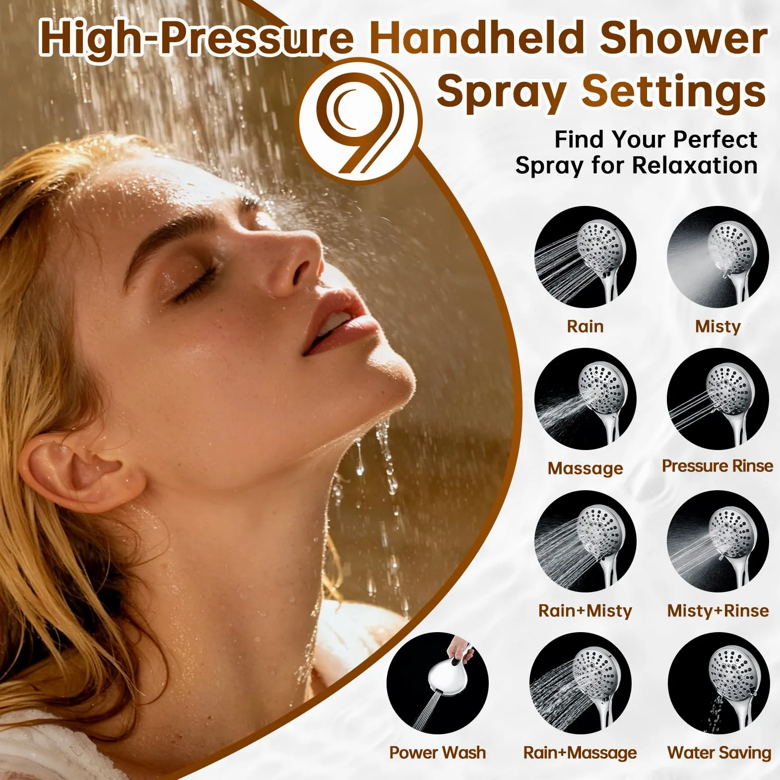 BRIGHT SHOWERS Soffione doccia a pioggia con doccetta integrata, doppio soffione ad alta pressione con braccio di estensione regolabile in altezza, deviatore a 3 vie, 9 impostazioni palmare, tubo