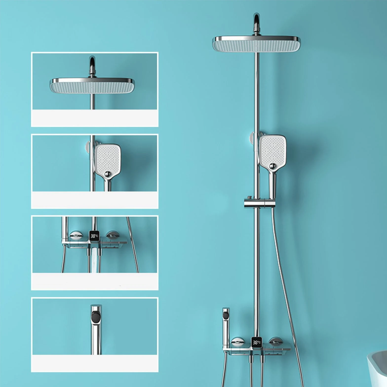 Sistema Doccia termostatico, Set Tasti Pianoforte con soffione a Pioggia, doccetta, beccuccio per Vasca e doccetta per Bidet, Display Digitale, Miscelatore in Ottone (Cromo)