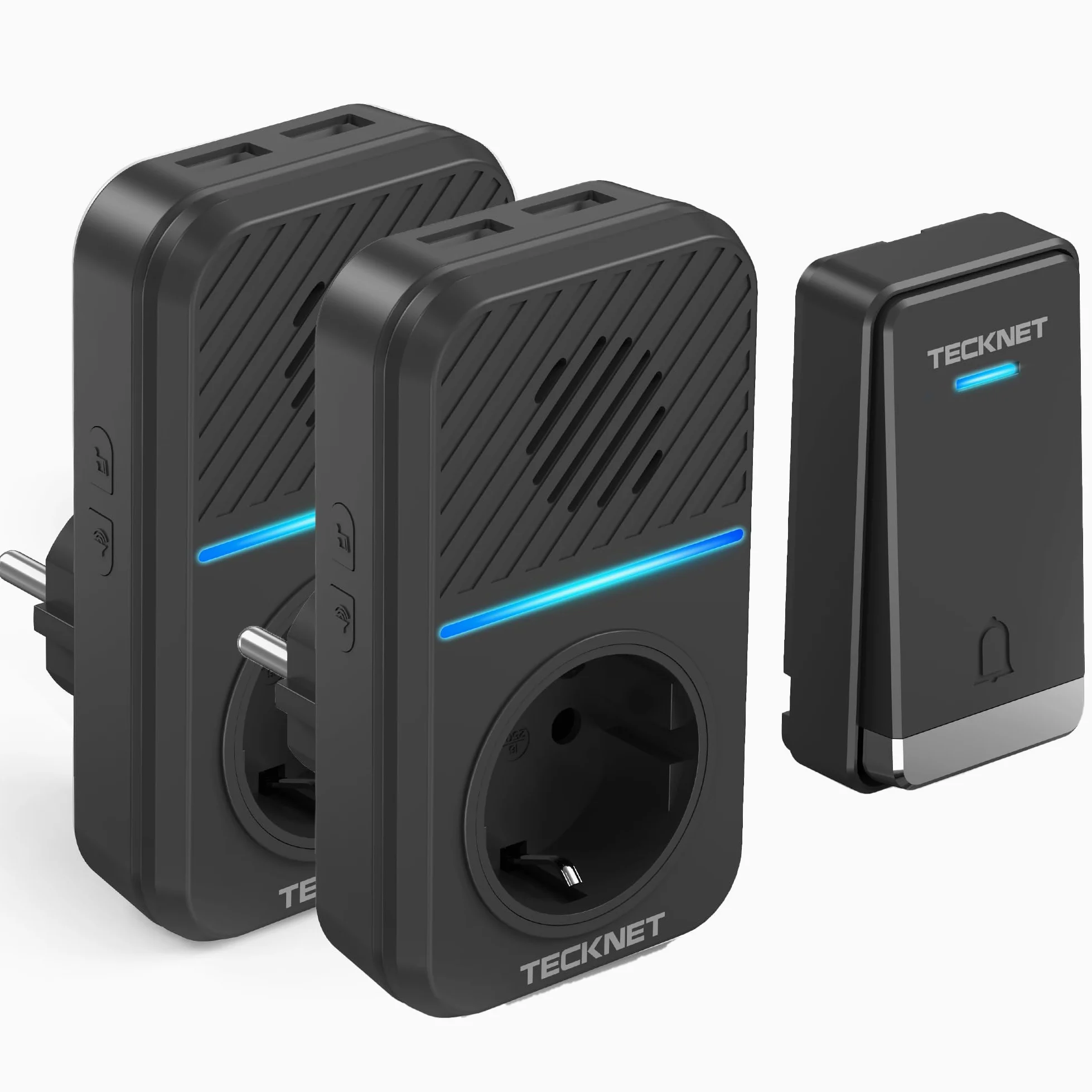 TECKNET Campanello senza fili Kit, 400 m Campanello con 2 ricevitori | 5 Livelli Volume della Porta Senza Fili Autoalimentata con 60 Melodie, IP65 Kit Campanello con Tomas USB Externas y Luz LED