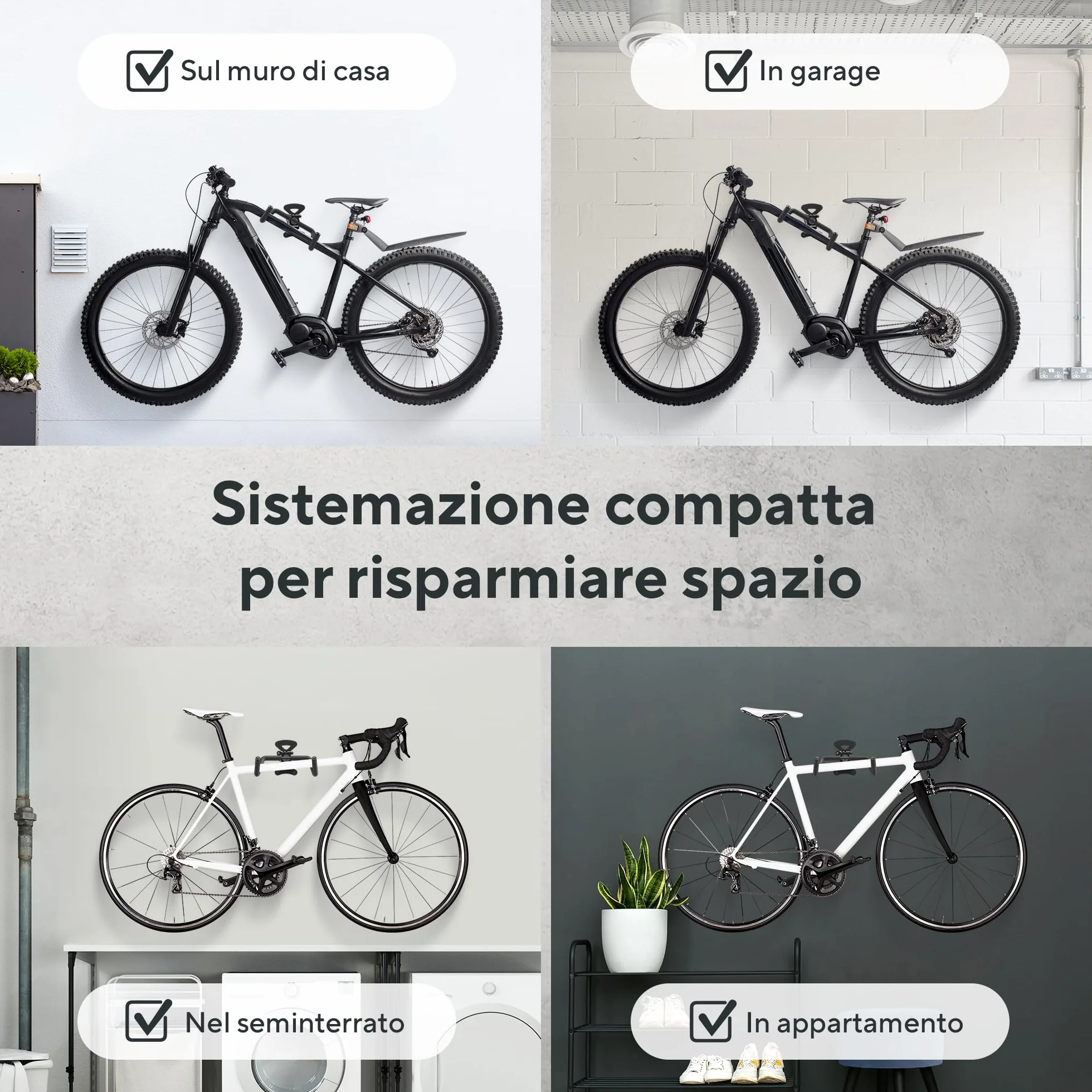 Porta Bici da Muro Orizzontale Pieghevole – Appendi Bici da Muro per E-Bike, MTB, Gravel e Corsa Fino a 25 kg | Portabici per Garage, Cantina, Casa con Protezione Telaio