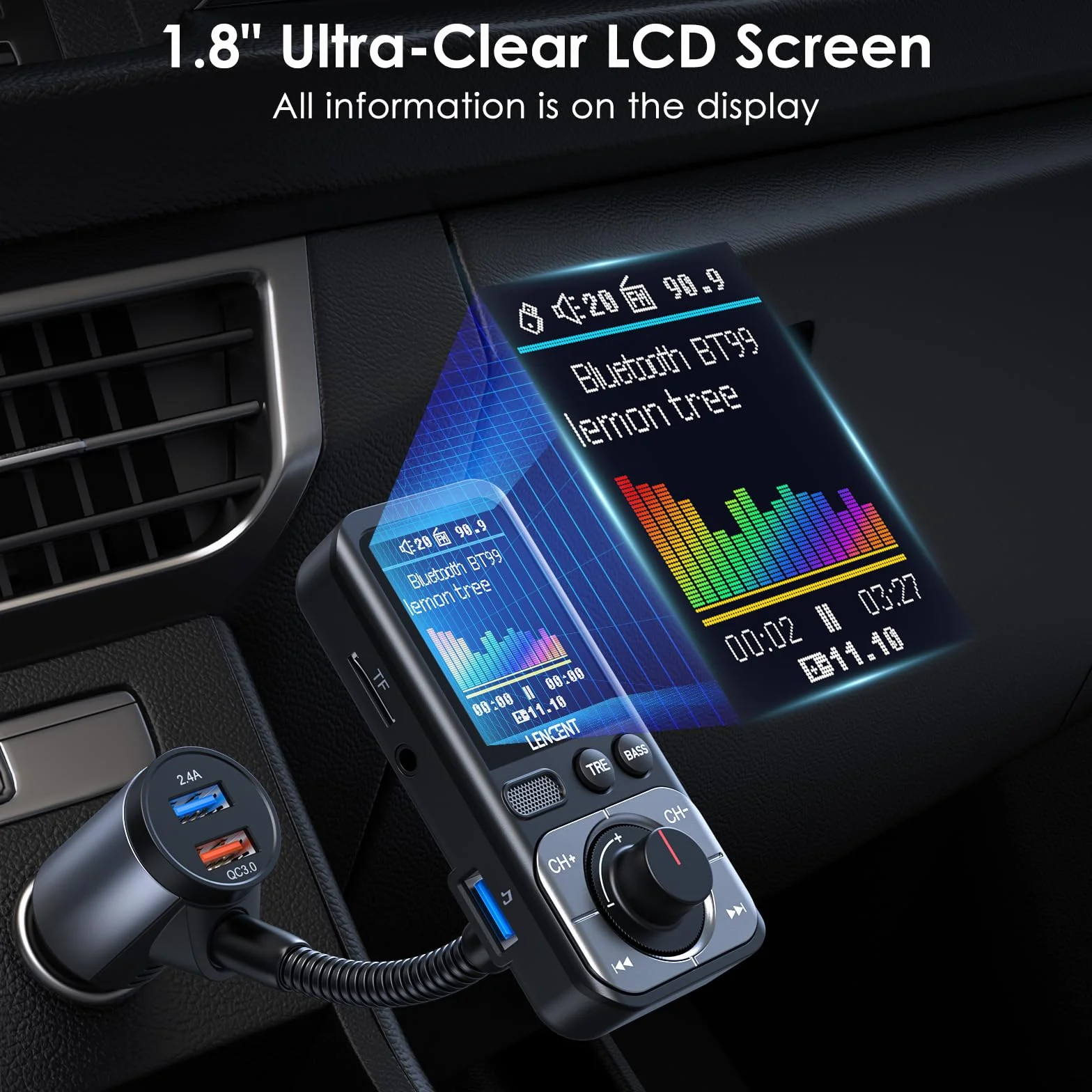 LENCENT Trasmettitore FM Bluetooth 5.0 Auto, QC3.0 18W Ricarica Veloce, Adattatore Radio Auto AUX con Schermo a Colori, Hi-Fi & Bassi Profondi, Chiamatta Vivavoce, Assistente Siri e Google, Scheda TF