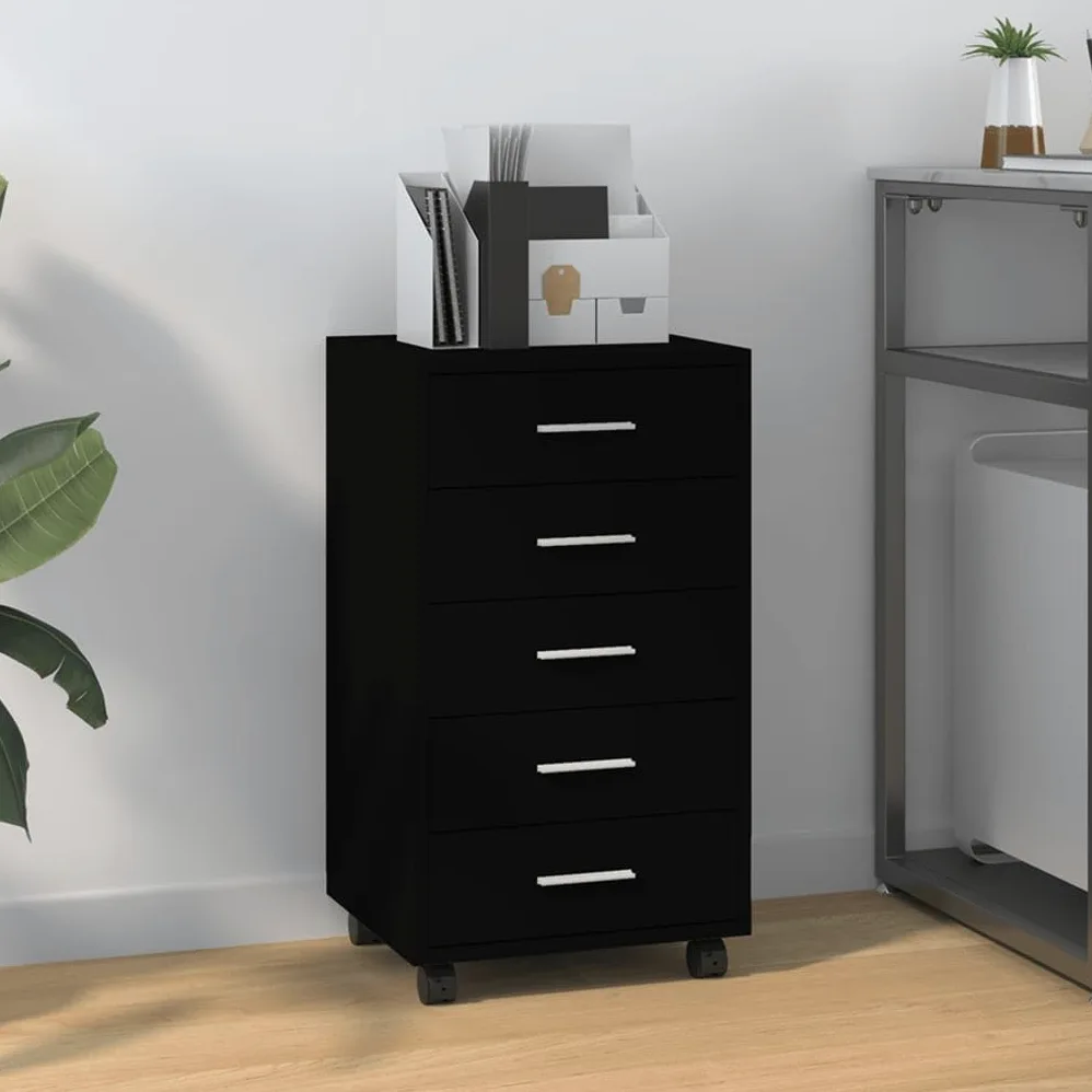 Cassettiera con ruote, in legno nero, 5 cassetti, per ufficio e casa, 33 x 38 x 63 cm