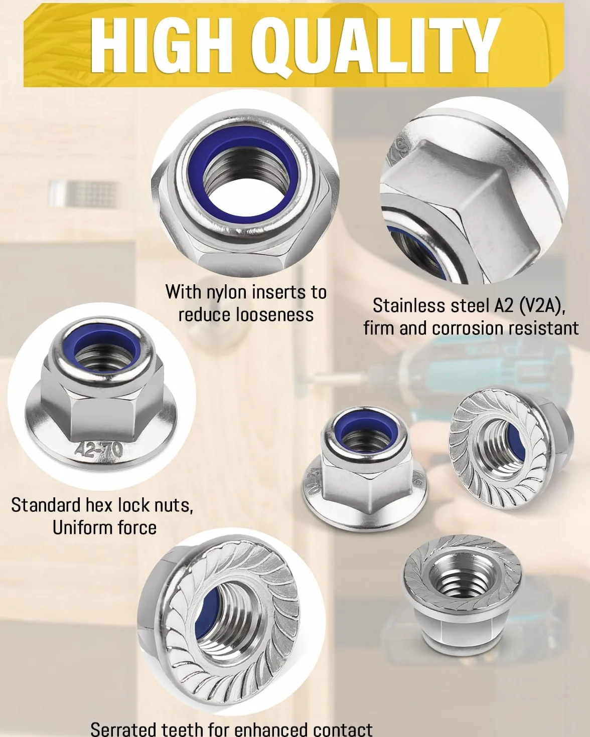 Dadi Esagonali a Flangia M8 DIN 6926 Autobloccanti Dentati Acciaio Inox A2