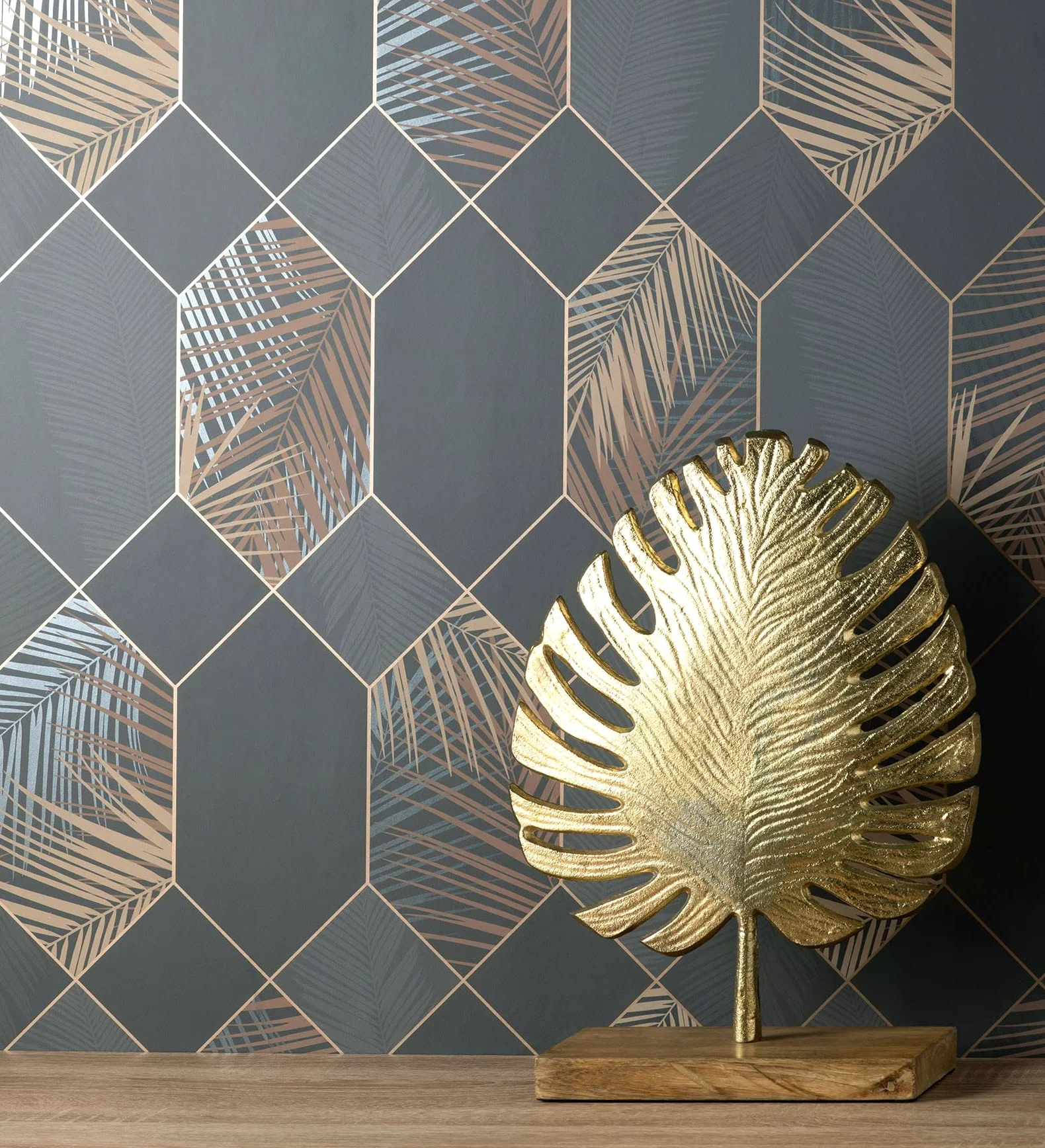 GAULAN 681282 - Carta da parati lavabile geometrico pannello esagonale con foglie tropicali per pareti soggiorno camera da letto corridoio sala da pranzo - Rotolo di 10 m x 0,53 m