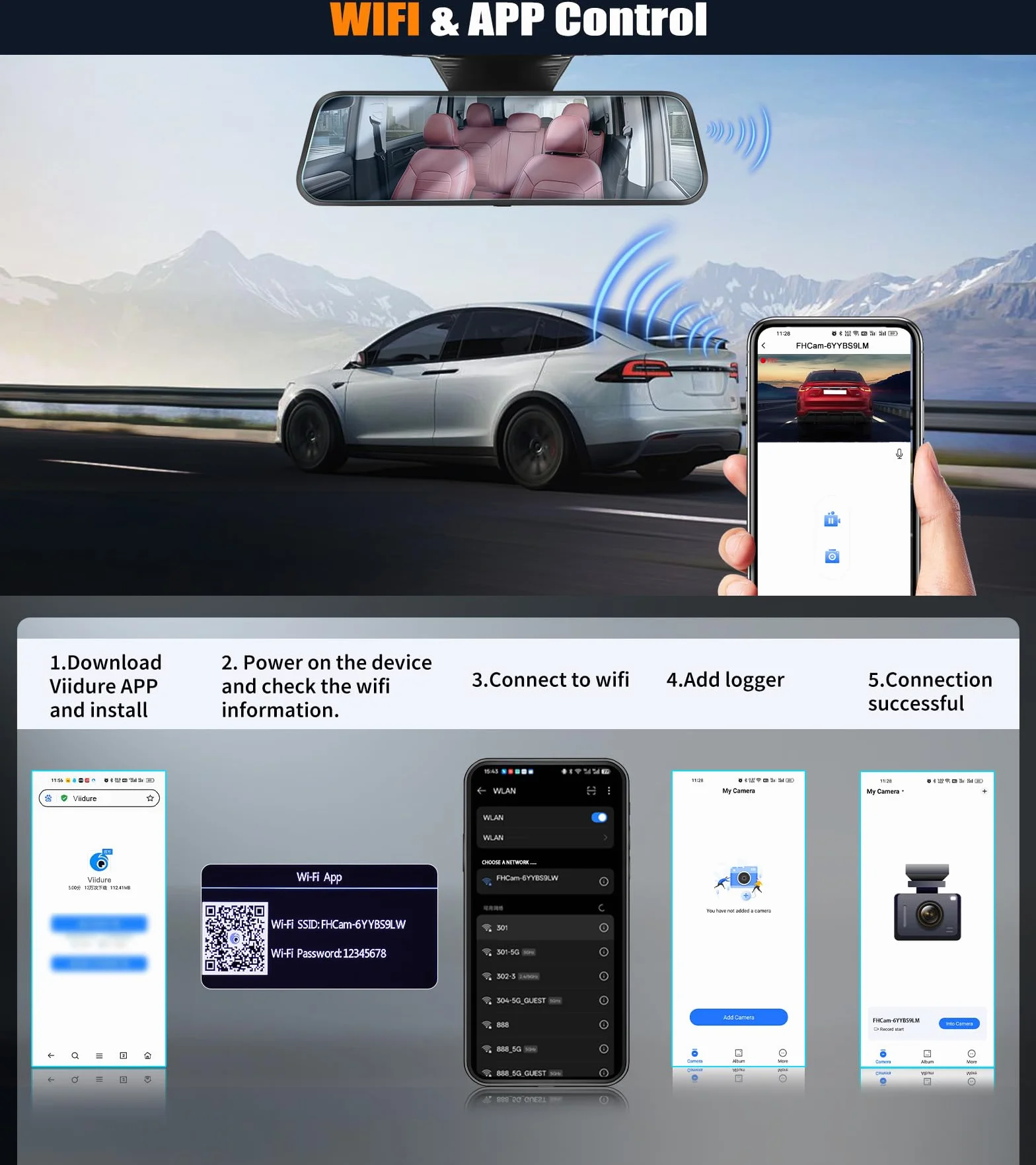 CAMECHO 9.66 Pollici 2K Mirror Dashcam Auto con 2 Telecamere 1080P, Anteriore 150° e Posteriore Dash Cam 120° con Linea inversa, Visione Notturna, Sensore G, Scheda da 64 GB WIFI APP