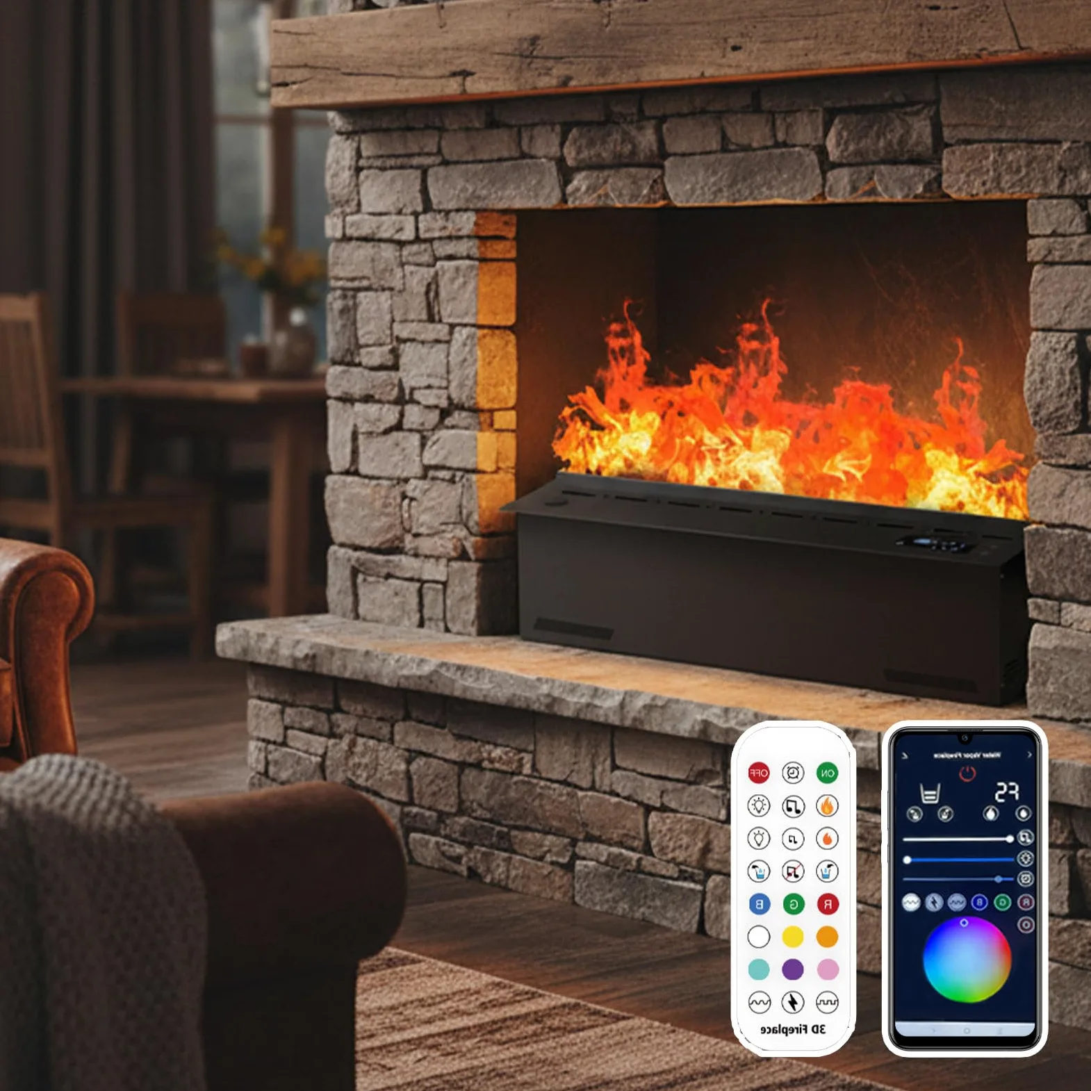 Caminetto a vapore da incasso con nebulizzazione regolabile e telecomando, design in acciaio inox per un ambiente domestico moderno