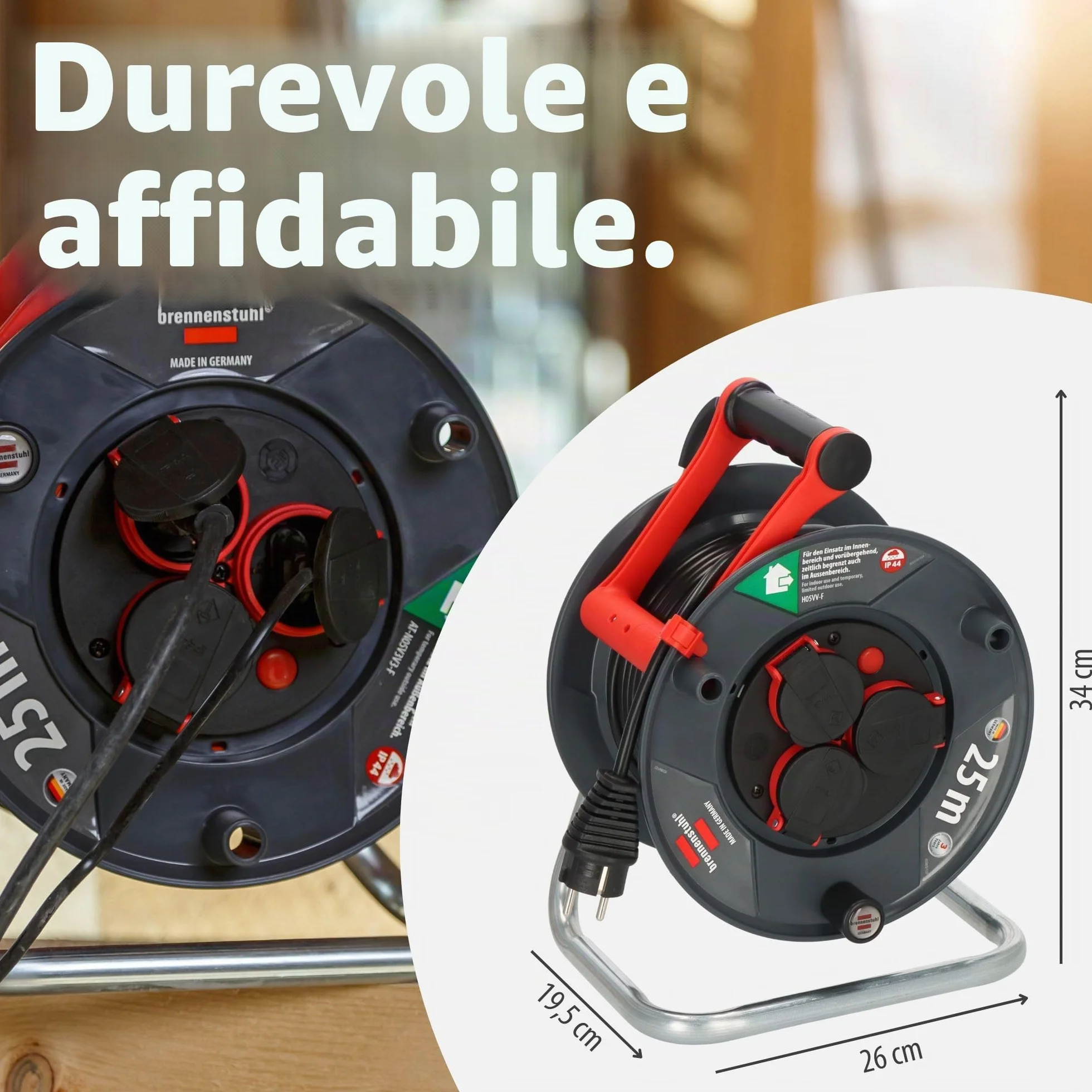 Brennenstuhl Garant, Avvolgicavo per esterni, IP44, 25 m (Made in Germany, 3 prese di sicurezza con migliore protezione da tocco, plastica speciale)