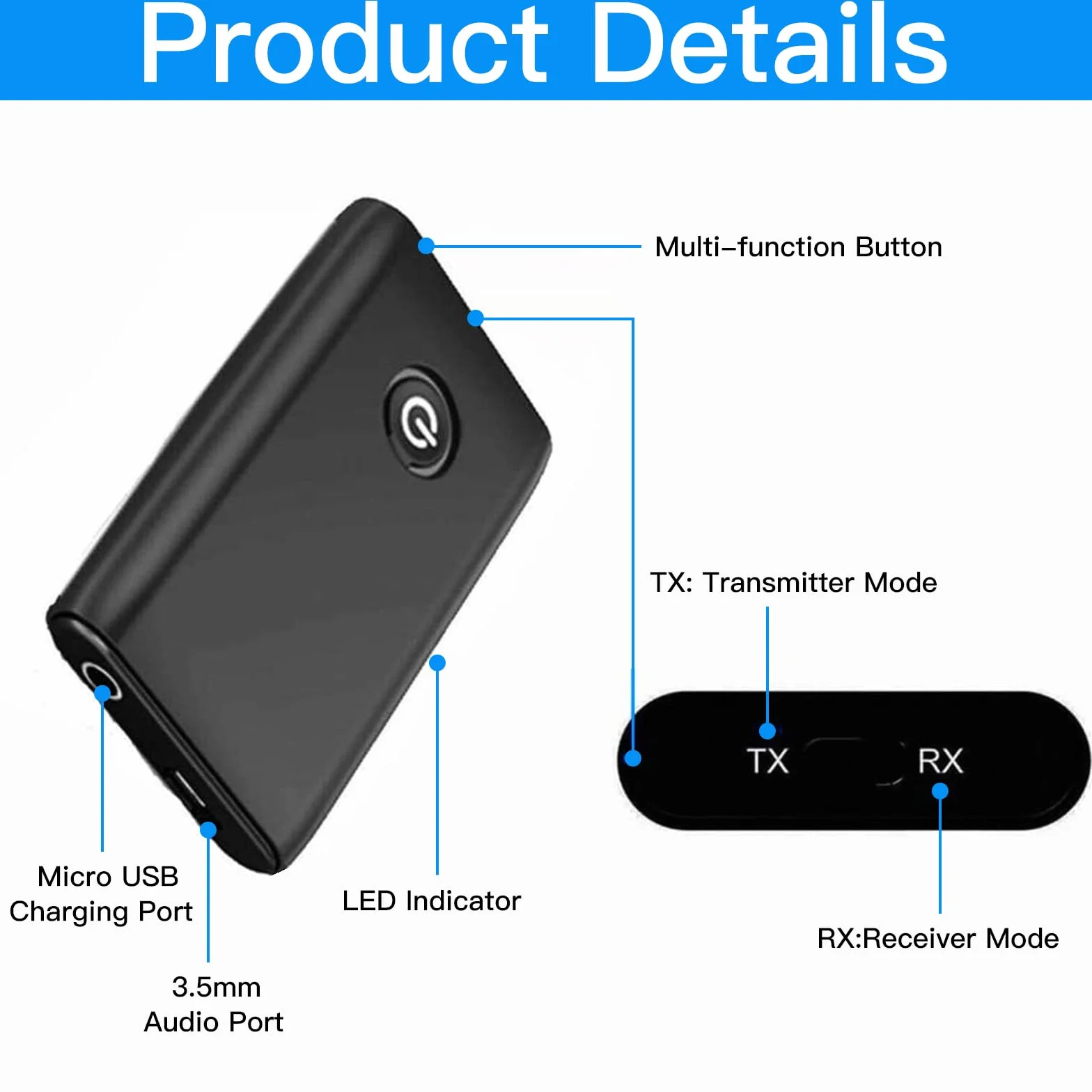 Adattatore Bluetooth 5.0 Trasmettitore,3.5mm Jack Adattatore,2-in-1 Wireless Ricevitore Bluetooth,per PC/TV/impianto audio Cuffie MP3/MP4 Altoparlante HiFi Radio